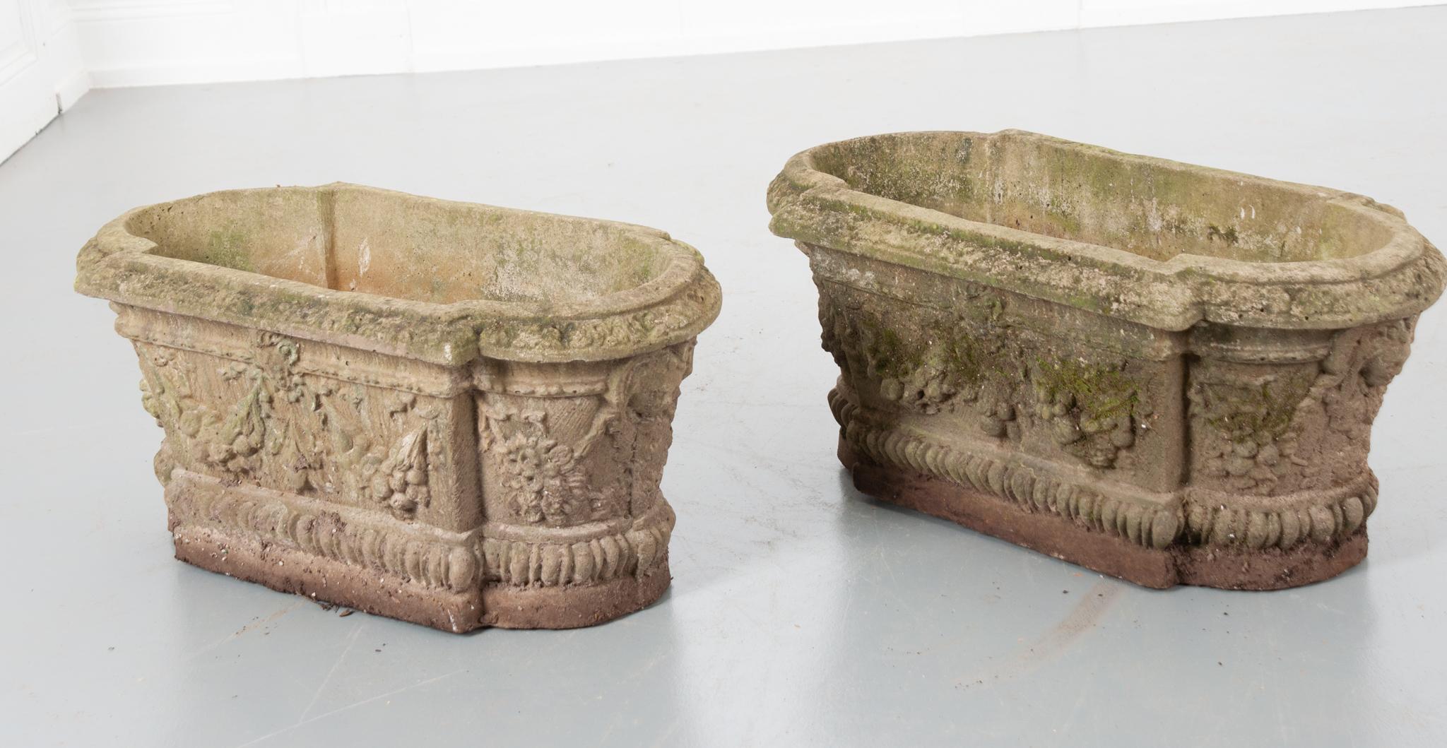 Pair of French 19th Century Oblong Cast Stone Planters 3