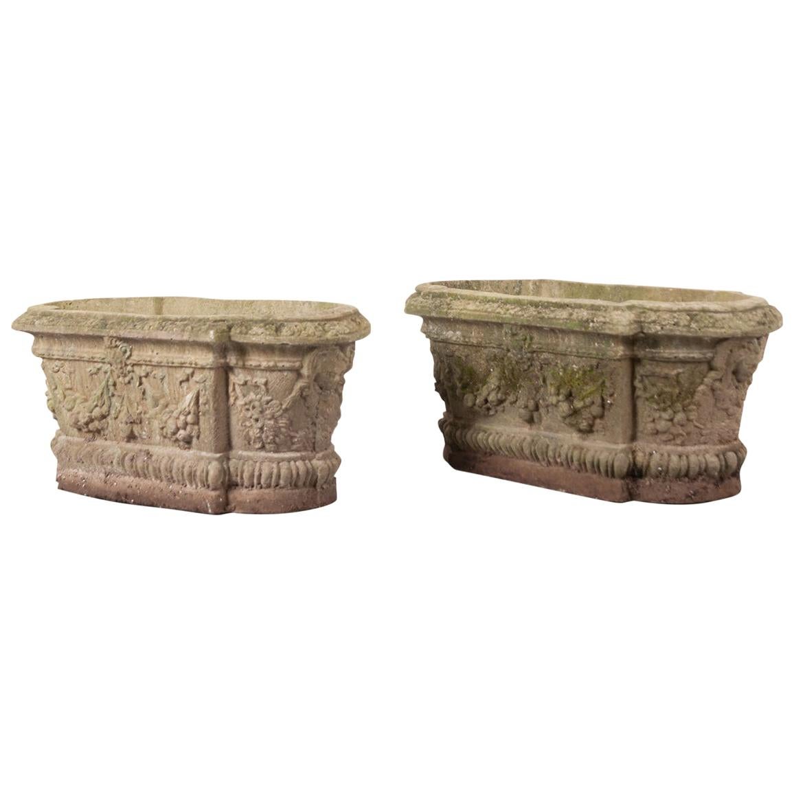Pair of French 19th Century Oblong Cast Stone Planters