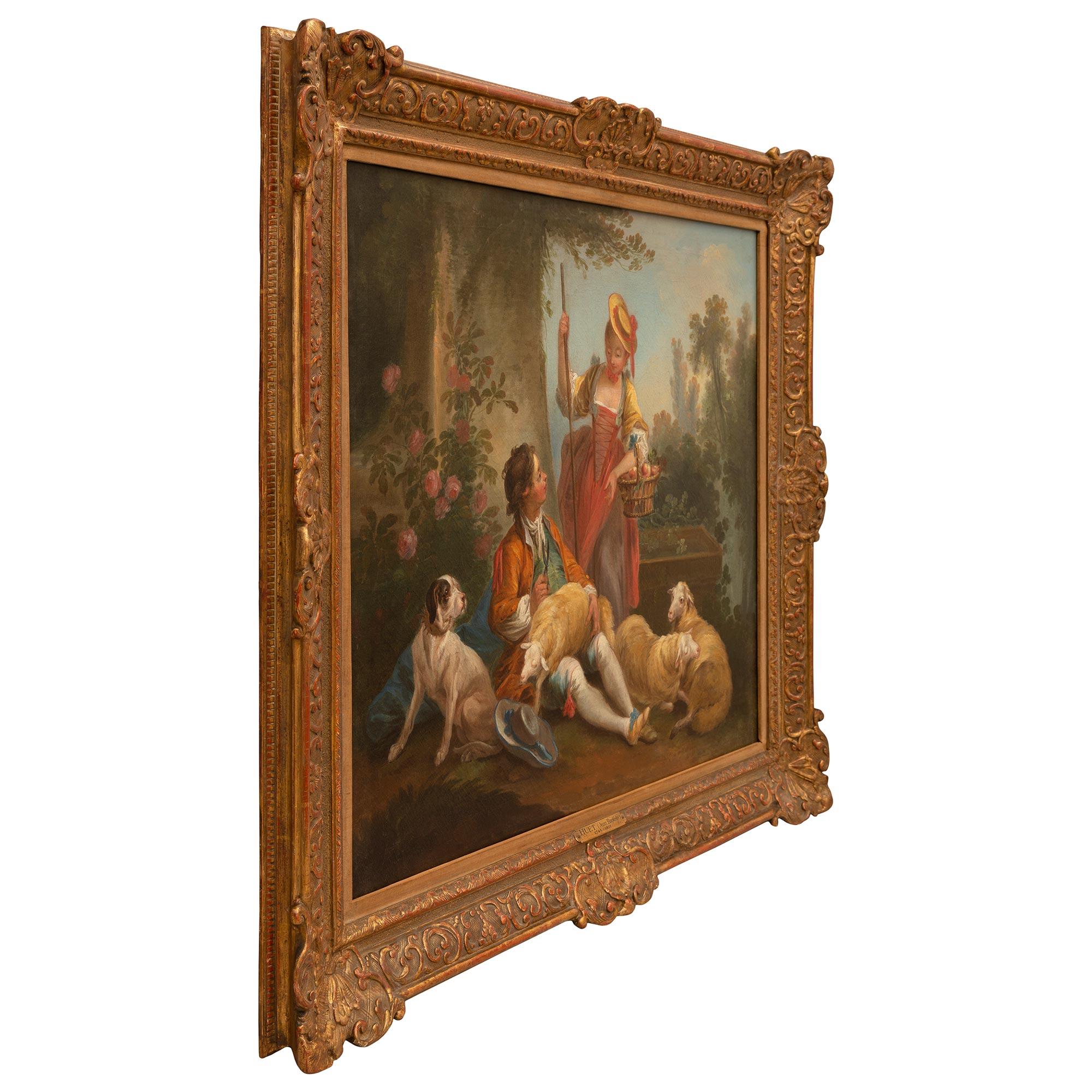 Une paire étonnante de peintures à l'huile sur toile du 19ème siècle attribuées à Jean-Baptiste Huet. Chaque tableau est présenté dans son cadre d'origine en bois doré au motif finement tacheté et richement sculpté de motifs feuillus, de coquillages