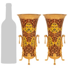 pair of French 19th century Ormolu and Enameled Vases, signed Barbedienne