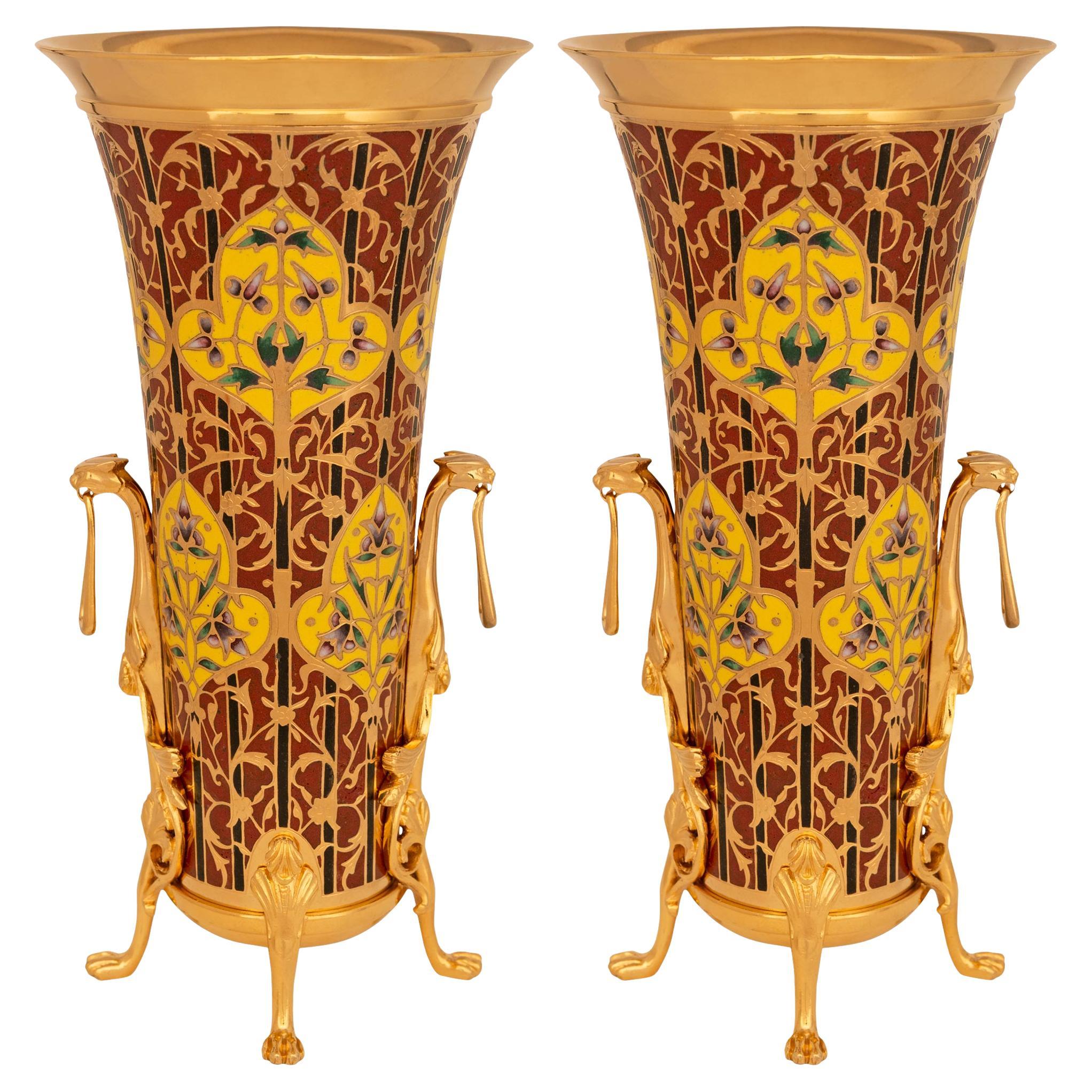 pair of French 19th century Ormolu and Enameled Vases, signed Barbedienne