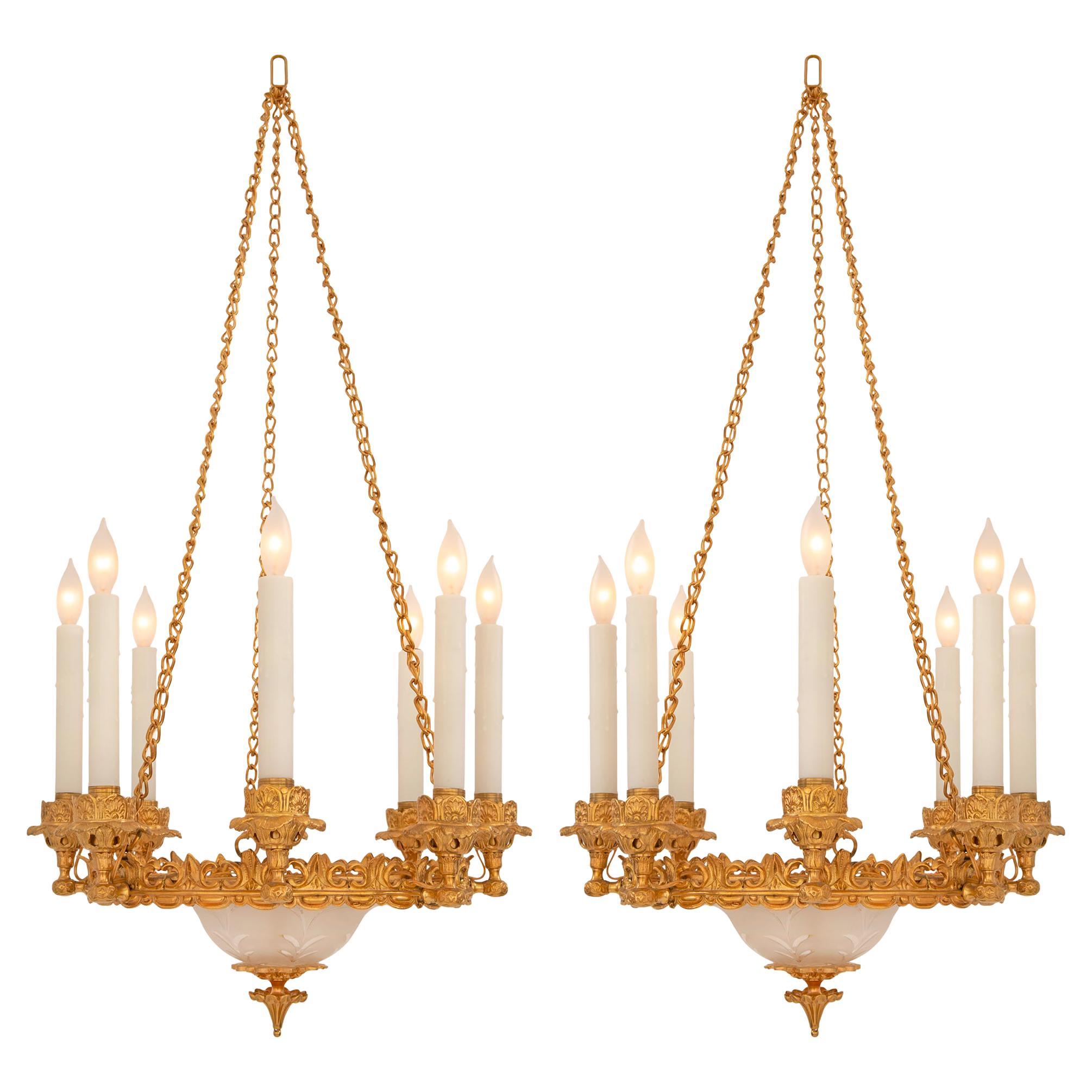 Pair of French 19th Century Ormolu and Etched Frosted Glass Chandeliers