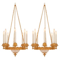 Pair of French 19th Century Ormolu and Etched Frosted Glass Chandeliers