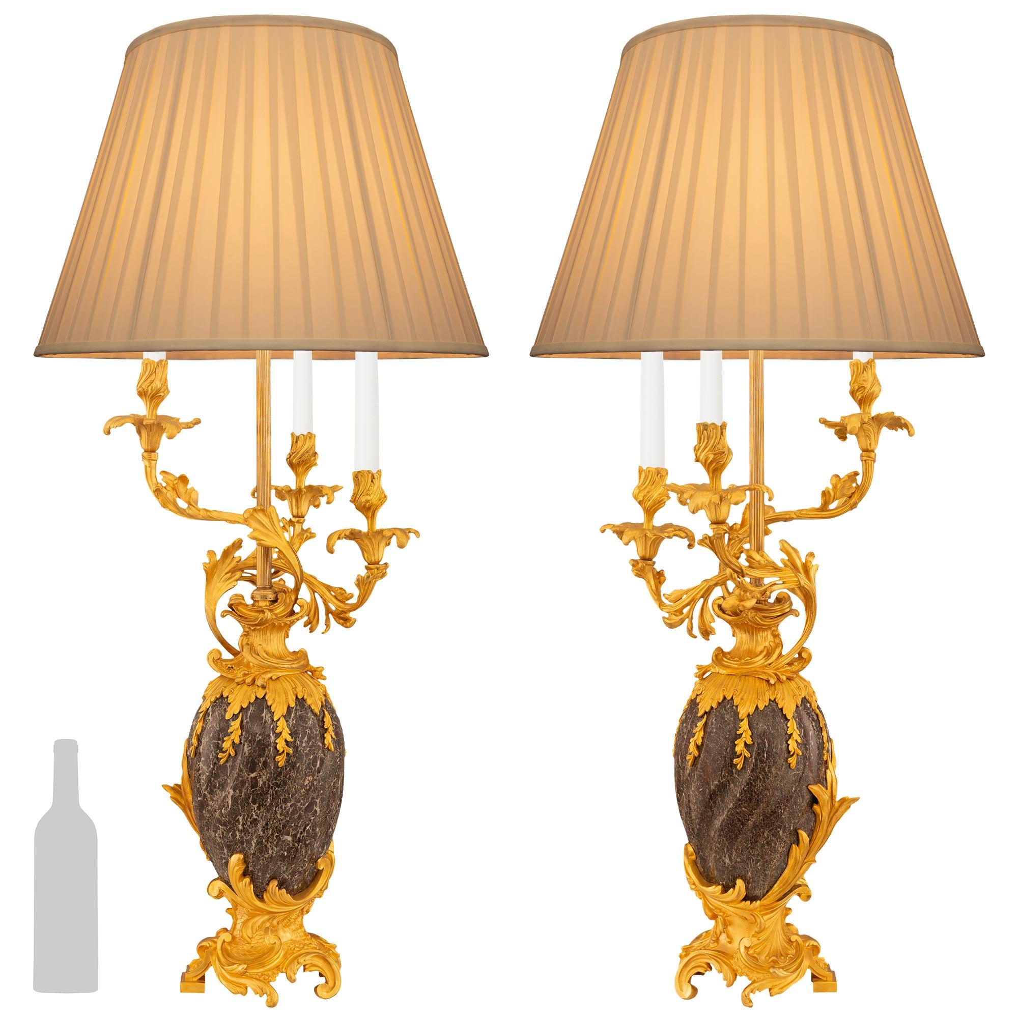 pair of French 19th century Louis XV st. Ormolu and marble candelabra lamps For Sale 5