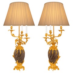 Paire de lampes candélabres en bronze doré et marbre de style Louis XV du 19e siècle