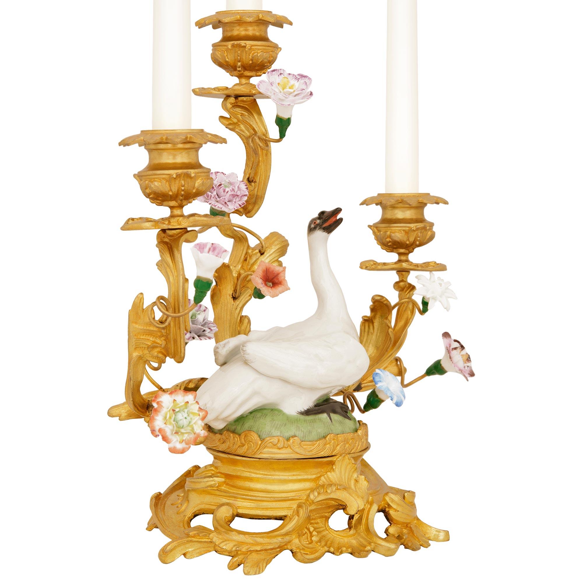 Louis XV pair of French 19th century Ormolu and Meissen Porcelain candelabras For Sale