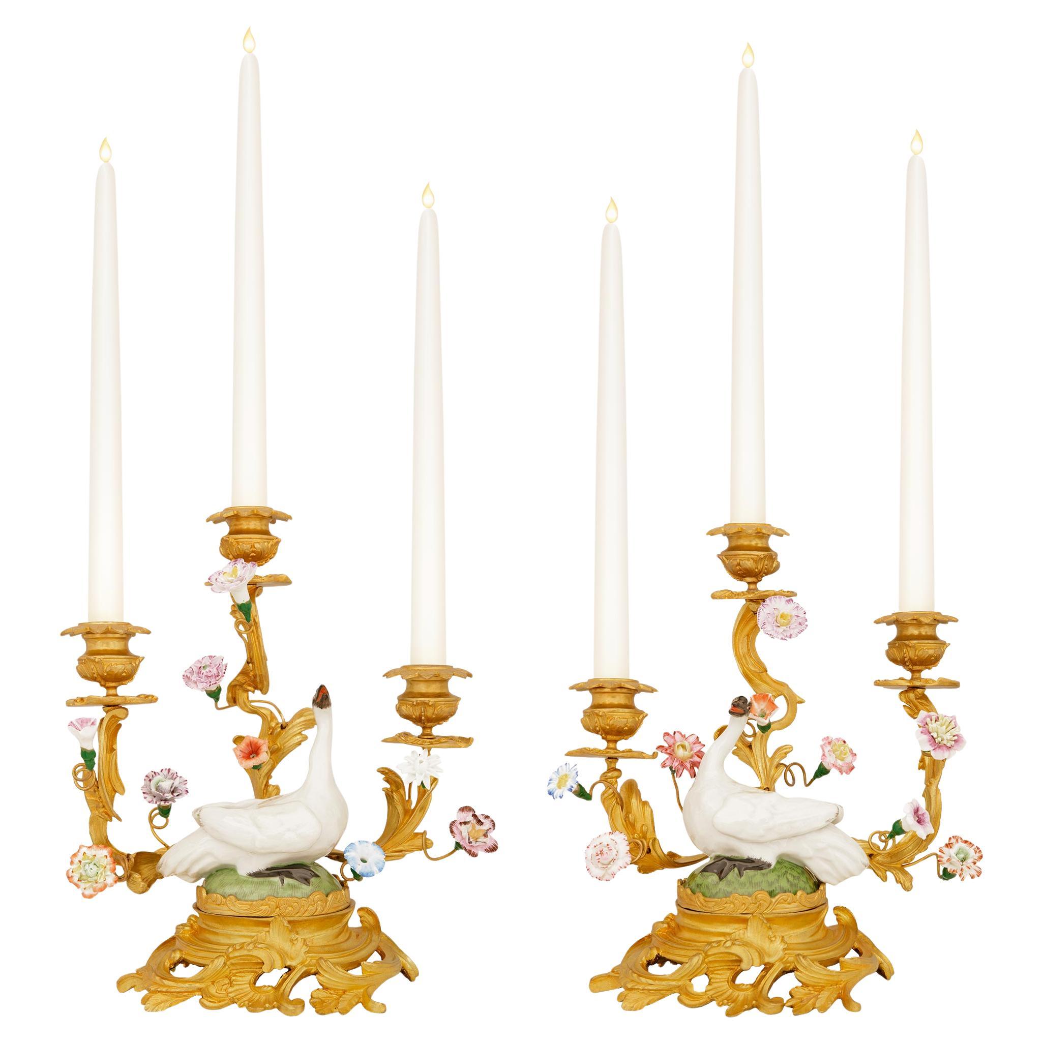 pair of French 19th century Ormolu and Meissen Porcelain candelabras For Sale