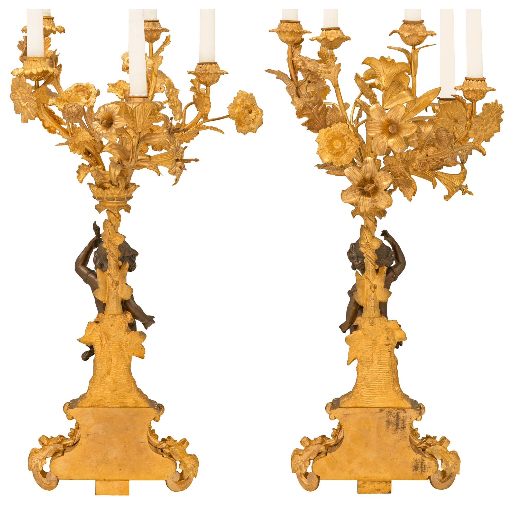 Pair of French 19th Century Ormolu and Patinated Bronze Candelabras For Sale 6