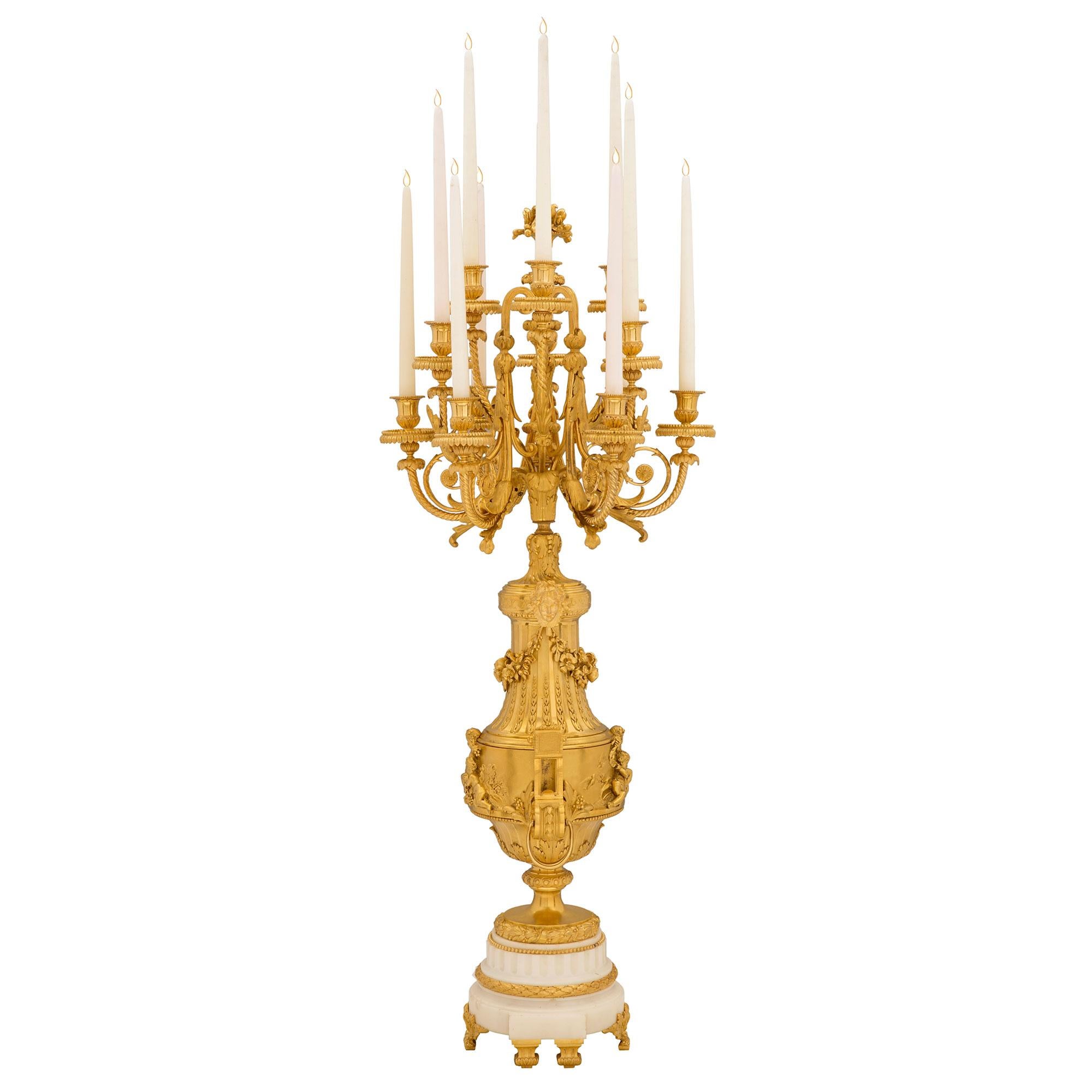 Pair of French 19th Century Ormolu and White Carrara Marble Candelabras In Good Condition For Sale In West Palm Beach, FL
