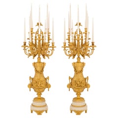 Pair of French 19th Century Ormolu and White Carrara Marble Candelabras