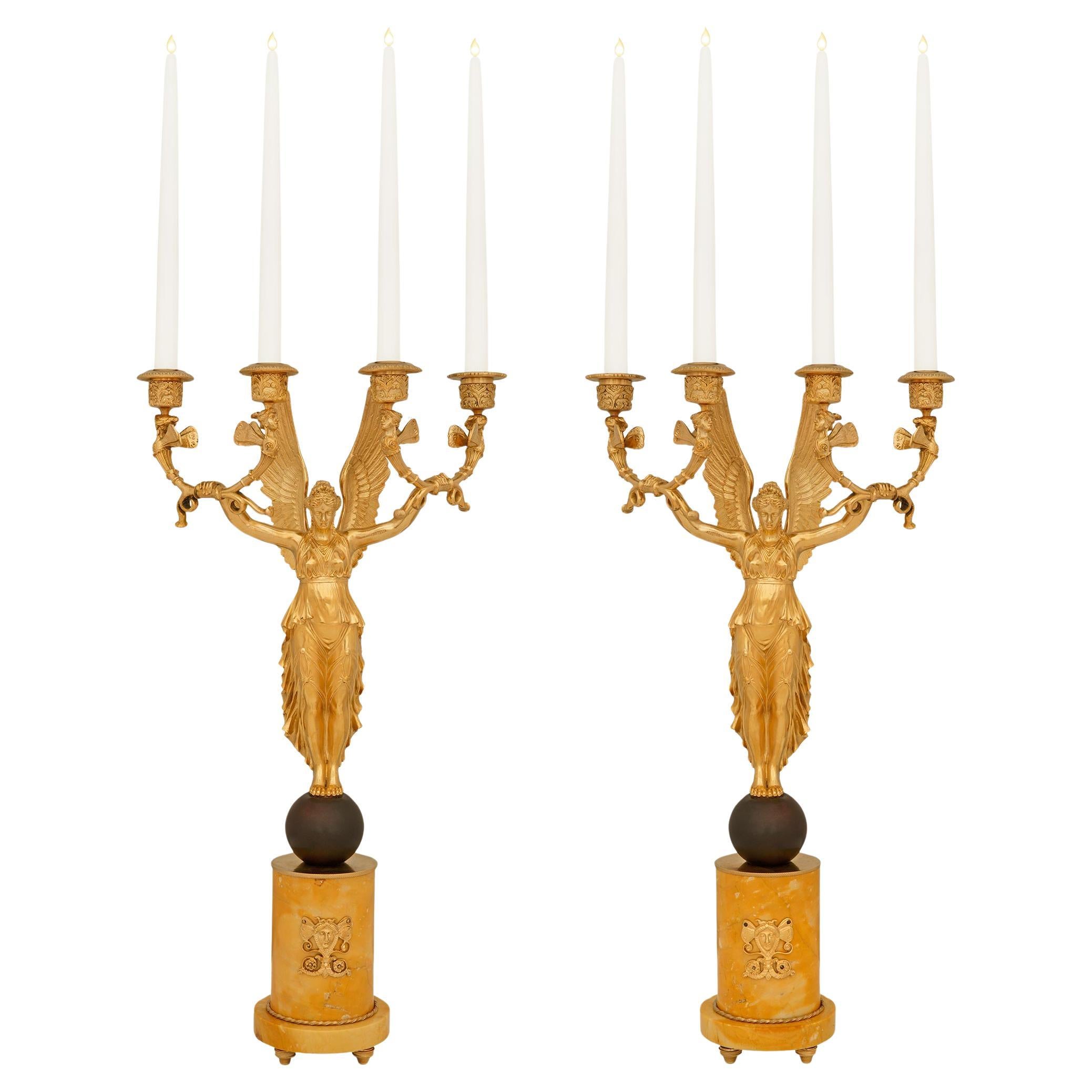 Pair of French 19th century Ormolu, patinated Bronze & Sienna marble candelabras For Sale