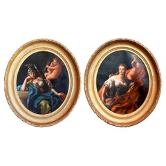 Paar französische ovale Ölgemälde des 19. Jahrhunderts auf Leinwand „Allegorie des Glücks und der Tugend“