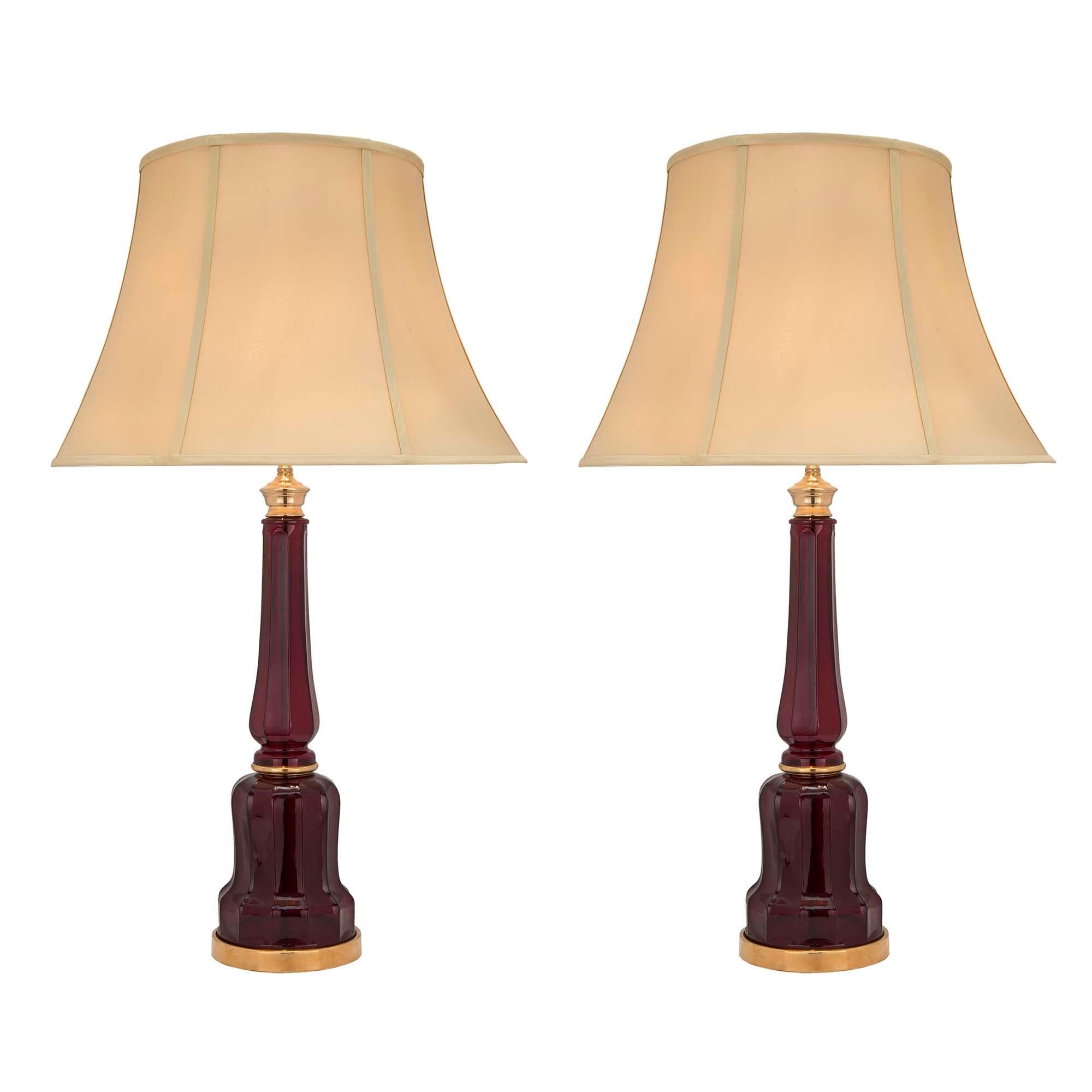 Pair of French 19th Century Oxblood Colored Glass and Ormolu Lamp
