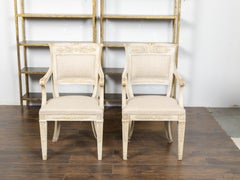 Pair of French 19th Century Painted Armchairs with Carved Foliage and Upholstery