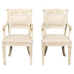 Pair of French 19th Century Painted Armchairs with Carved Foliage and Upholstery