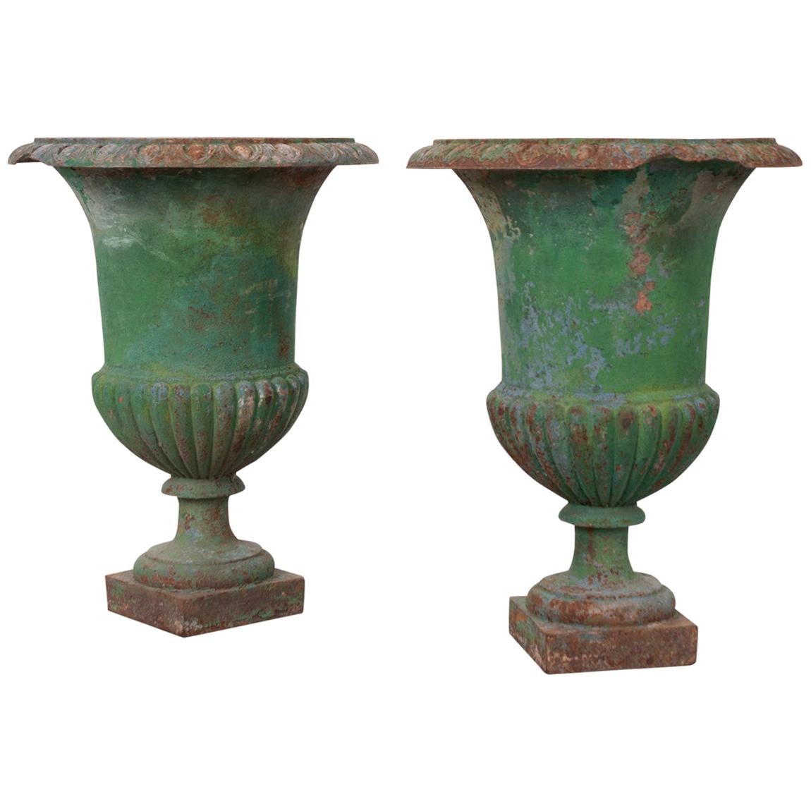 Pair of French 19th Century Painted Cast Iron Urns