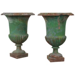 Pair of French 19th Century Painted Cast Iron Urns