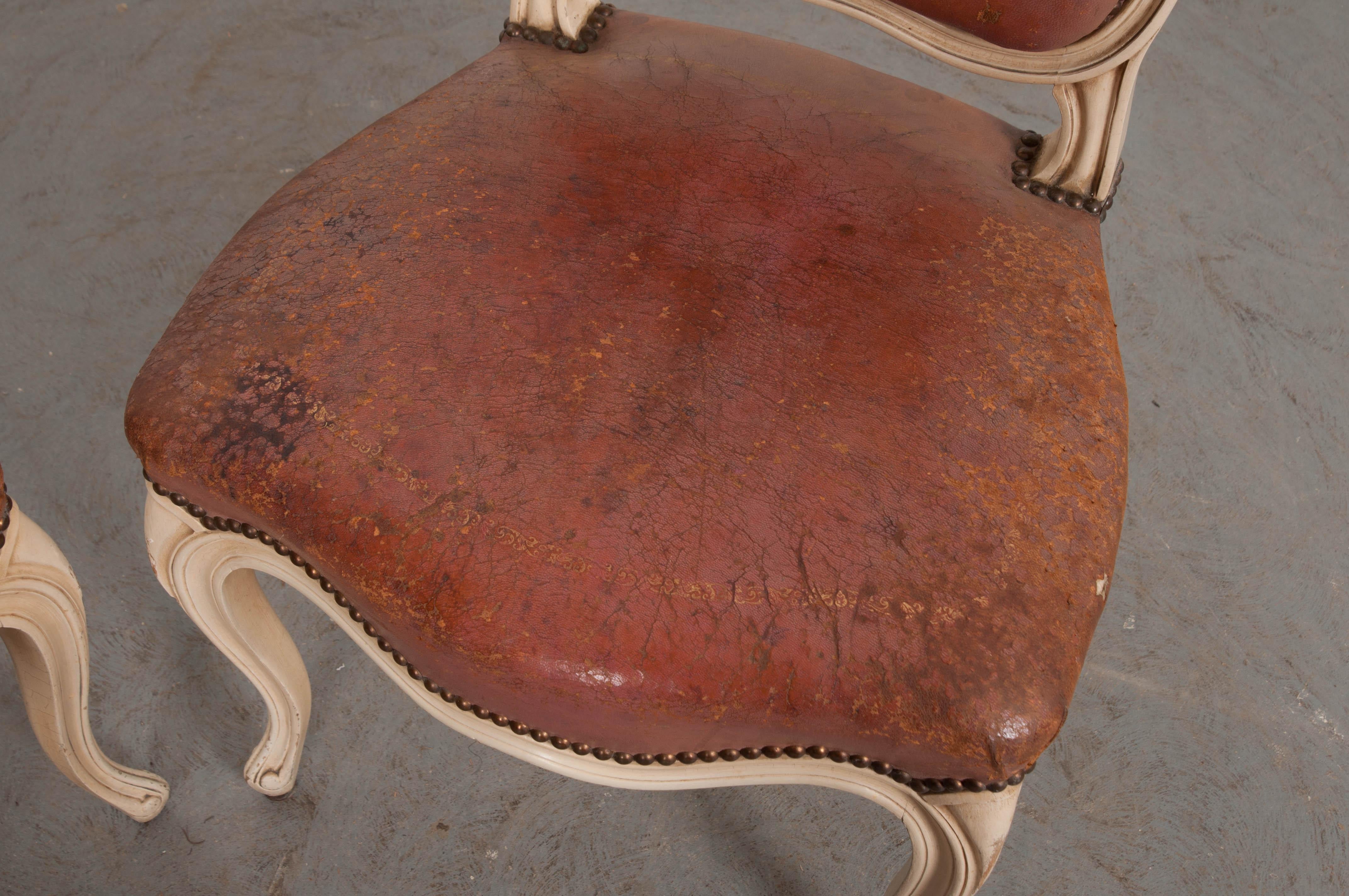 Leather Pair of French 19th Century Painted Louis XV Chairs