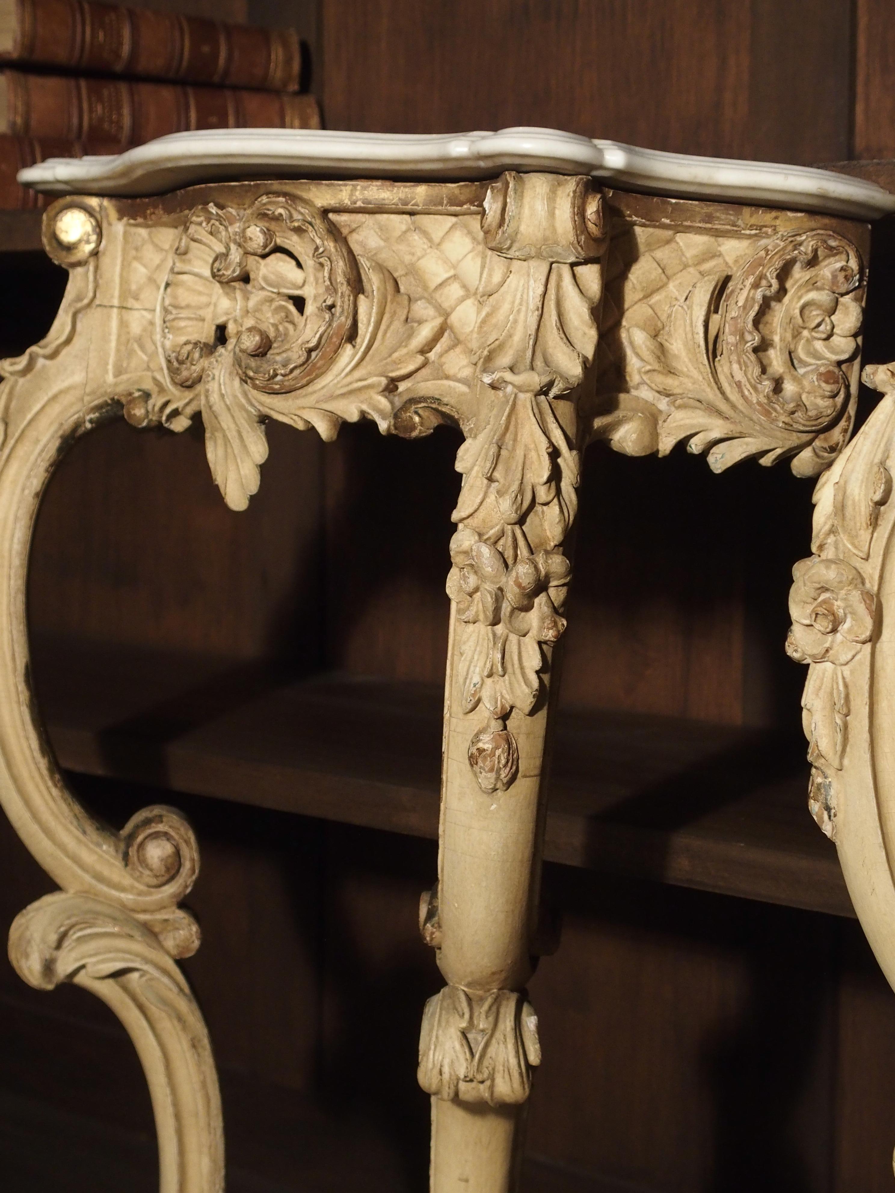 Pair of French 19th Century Painted Louis XV Style Console Tables 12
