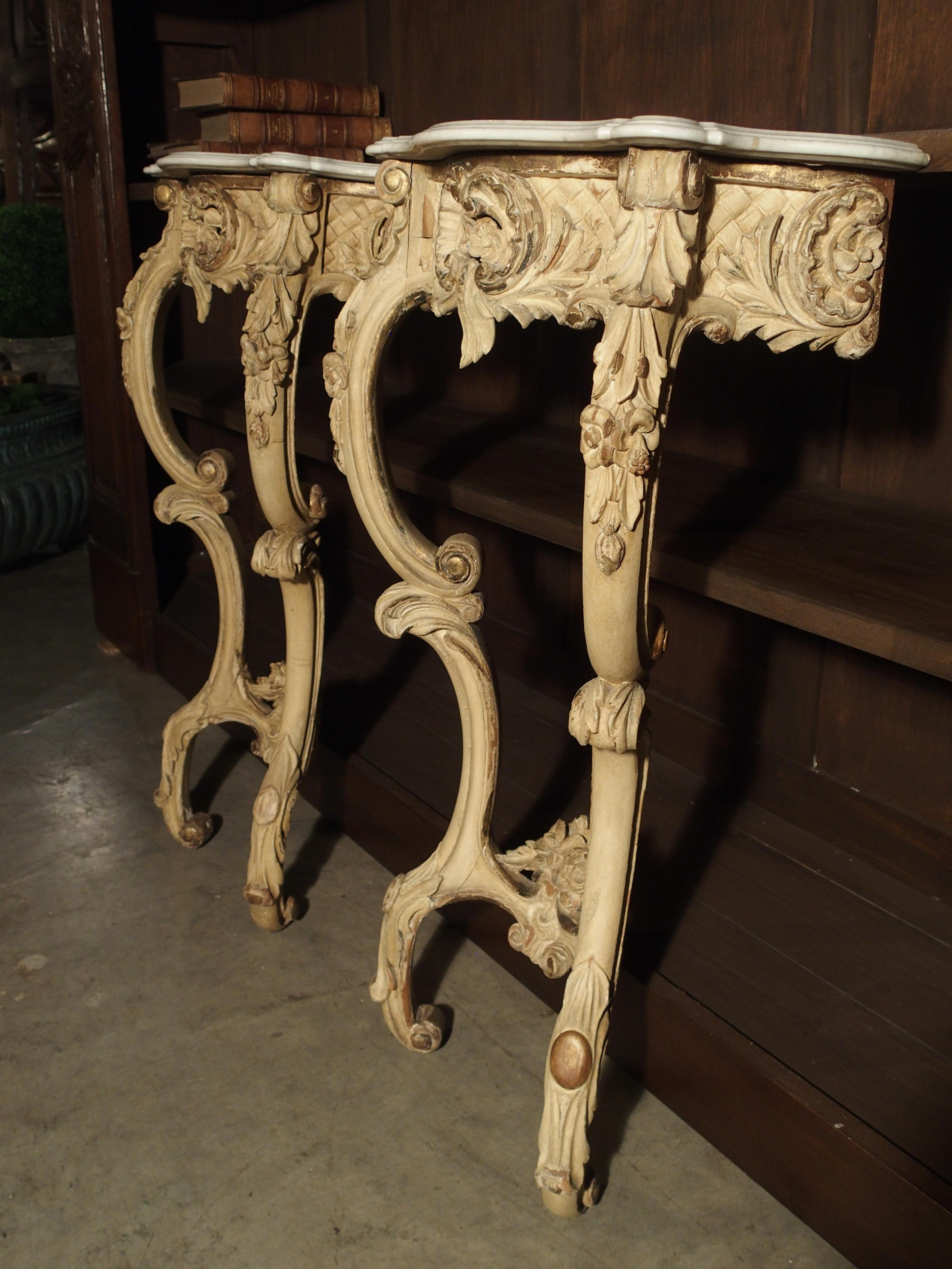 Pair of French 19th Century Painted Louis XV Style Console Tables 13