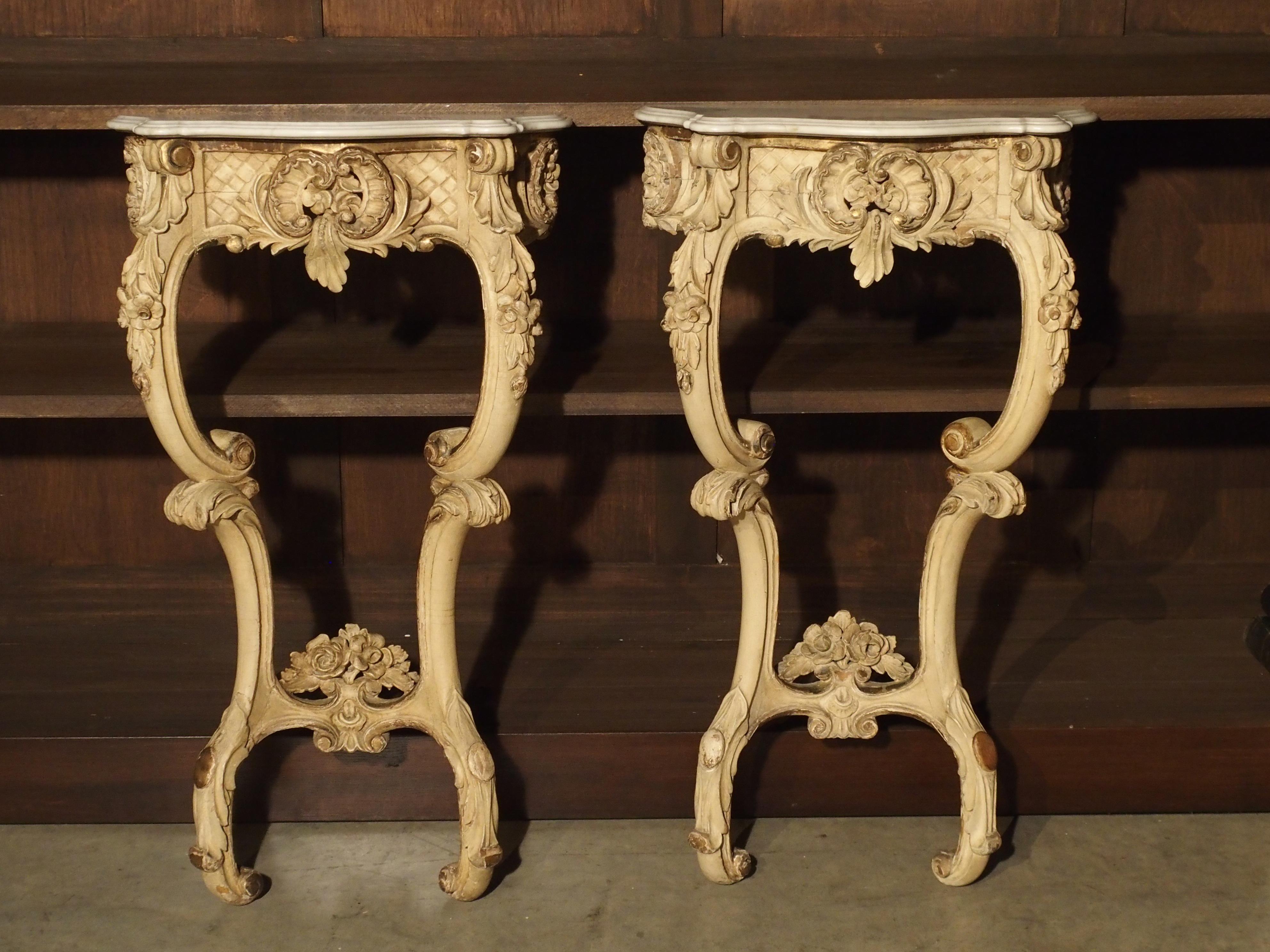 Hand-Carved Pair of French 19th Century Painted Louis XV Style Console Tables