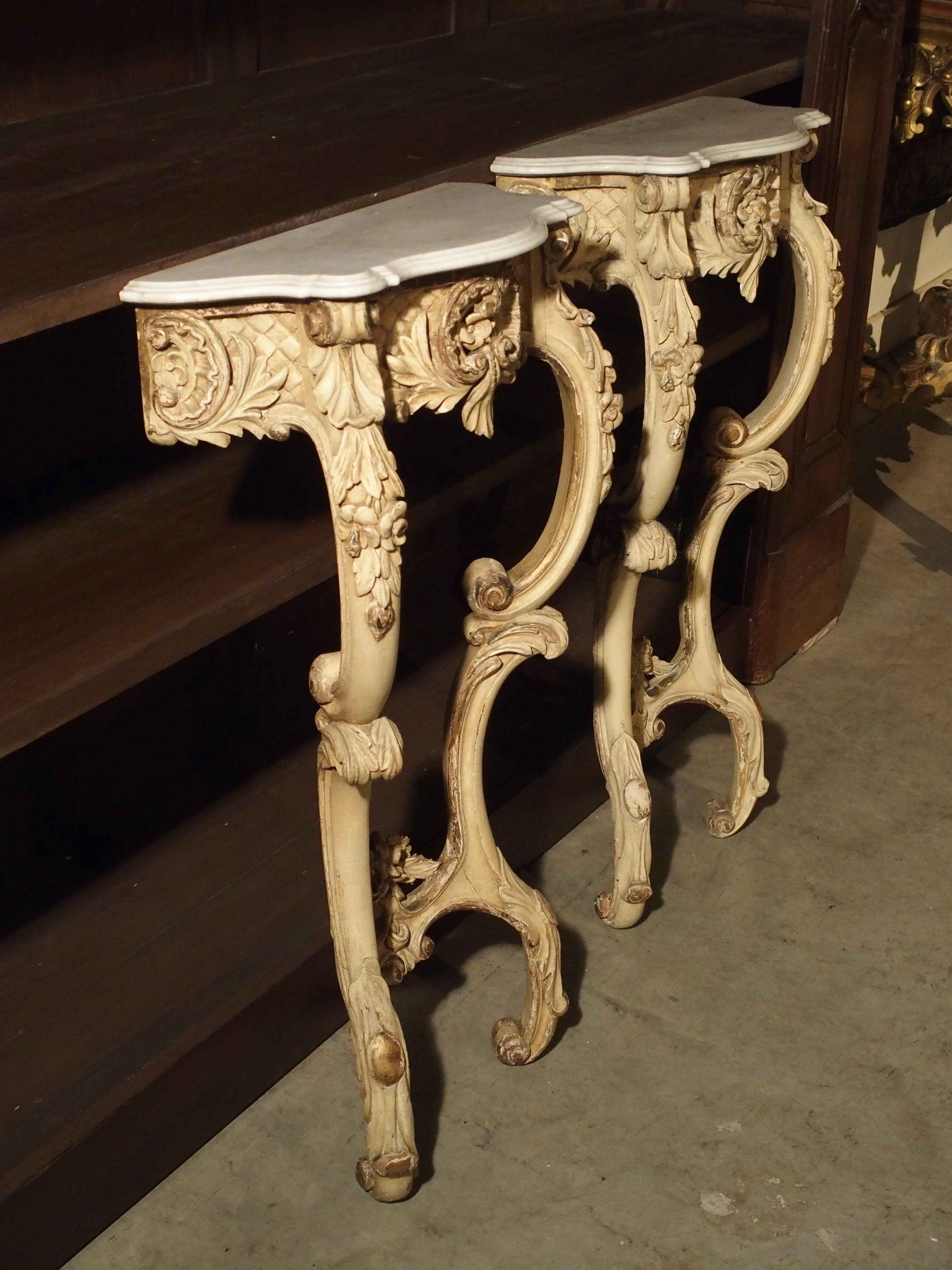 Pair of French 19th Century Painted Louis XV Style Console Tables 4