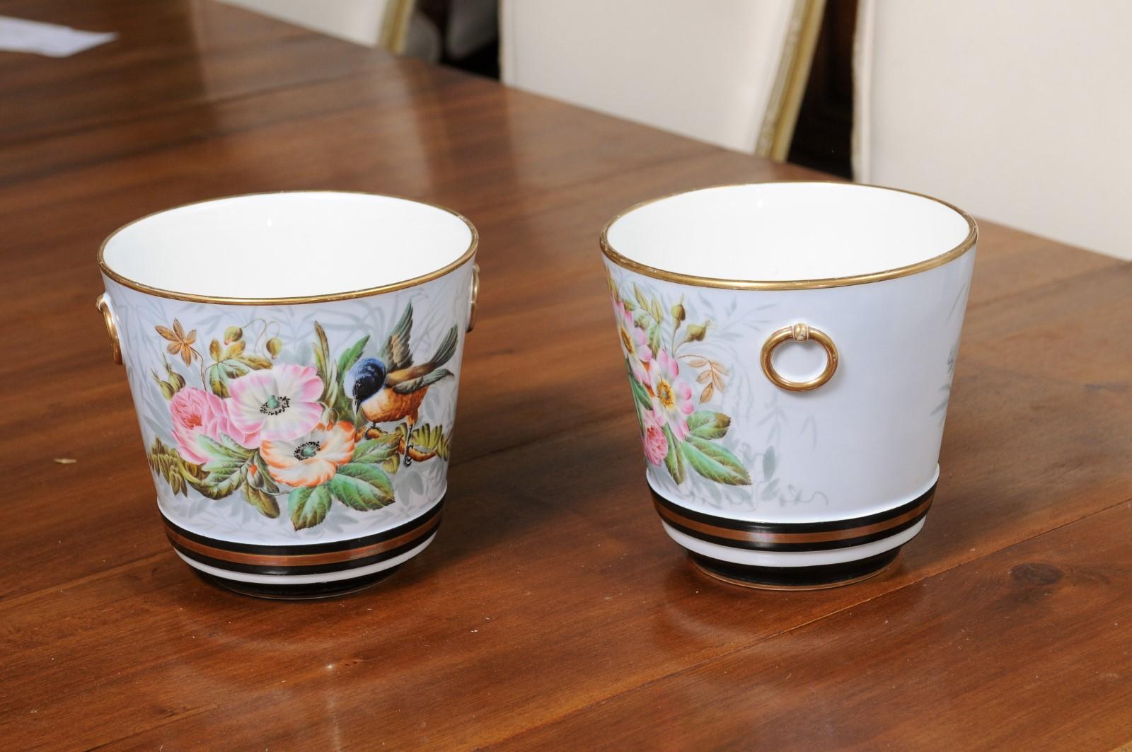 Pair of French 19th Century Paris Porcelain Cachepots Planters with Bird Motifs For Sale 6