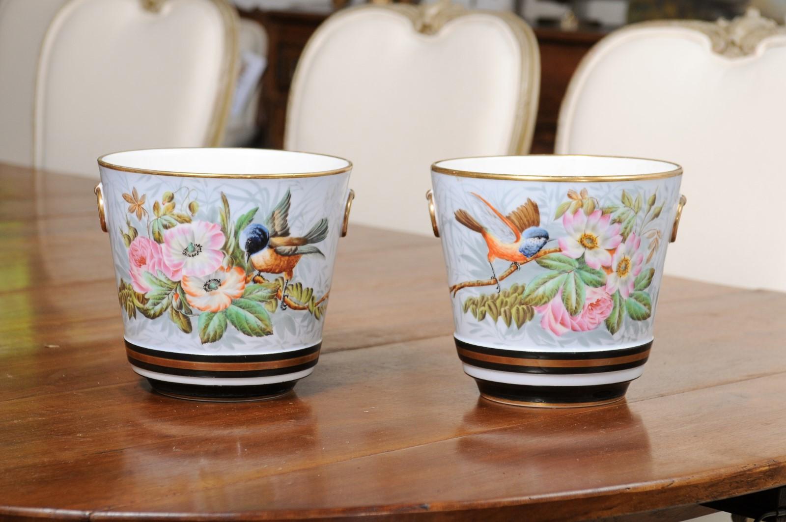 Hand-Painted Pair of French 19th Century Paris Porcelain Cachepots Planters with Bird Motifs
