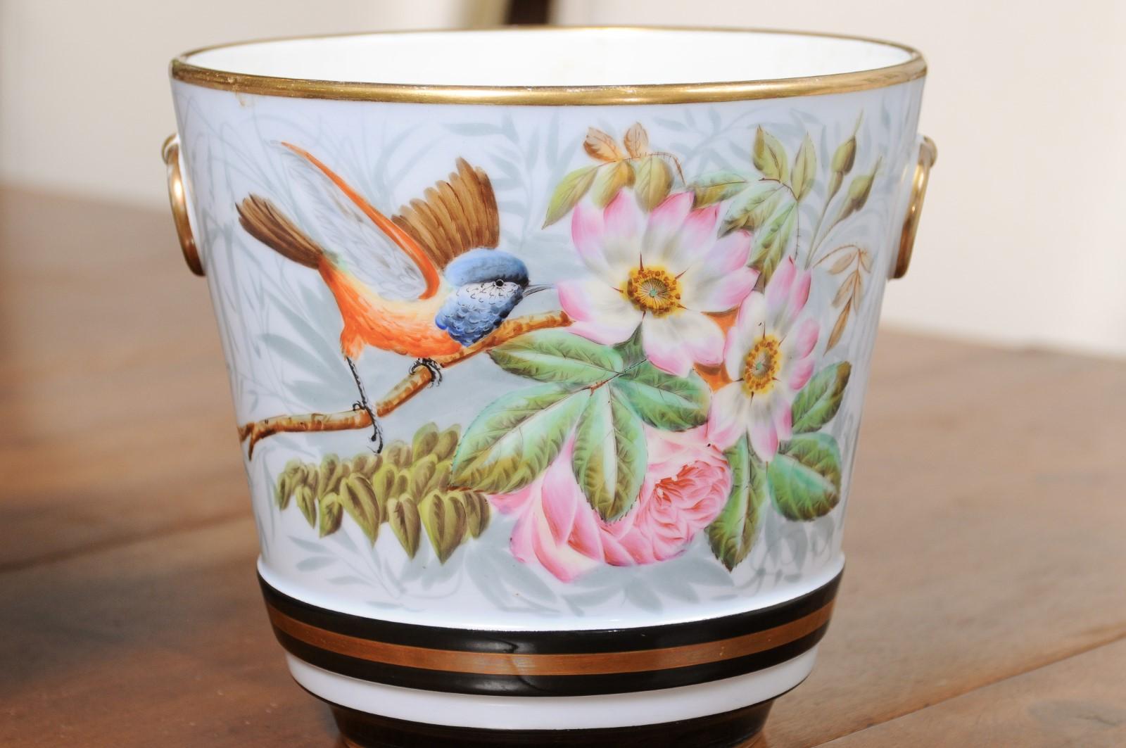 Pair of French 19th Century Paris Porcelain Cachepots Planters with Bird Motifs For Sale 1