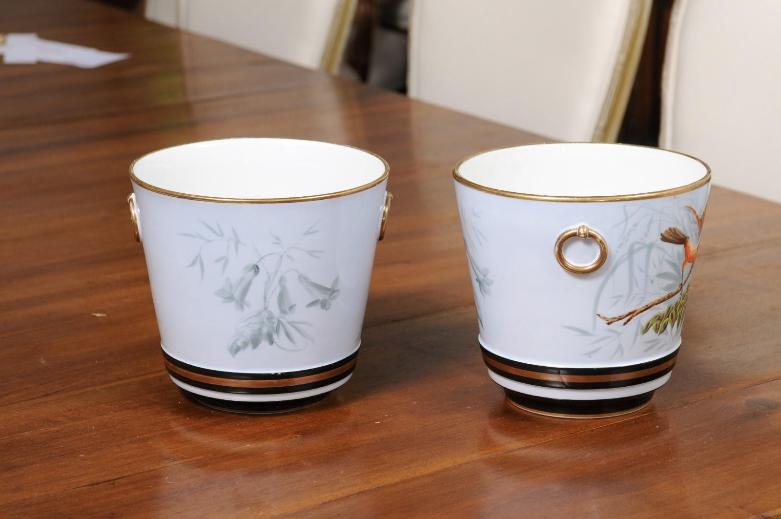 Pair of French 19th Century Paris Porcelain Cachepots Planters with Bird Motifs 2