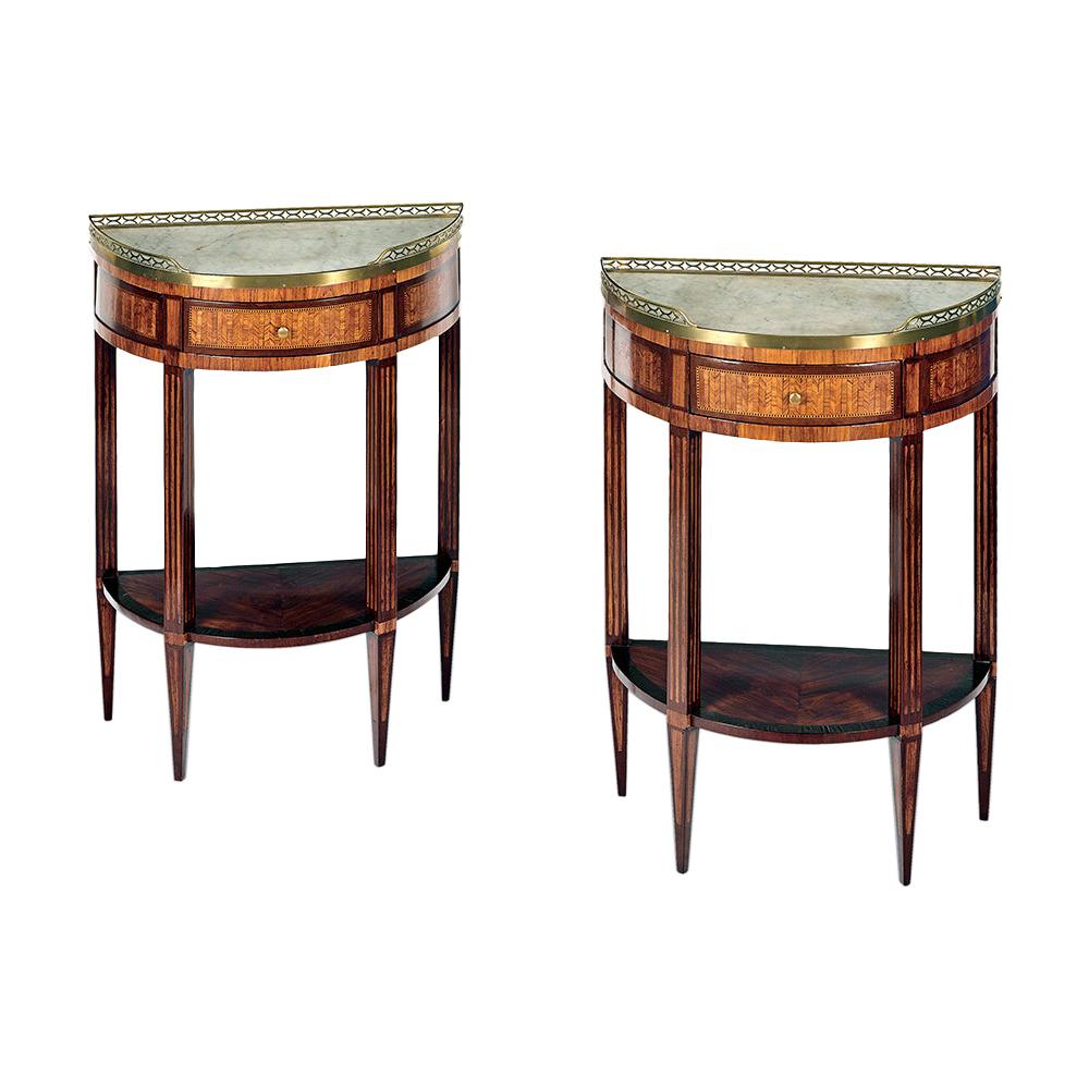 Pair of French 19th Century Parquetry Demilune Side Tables