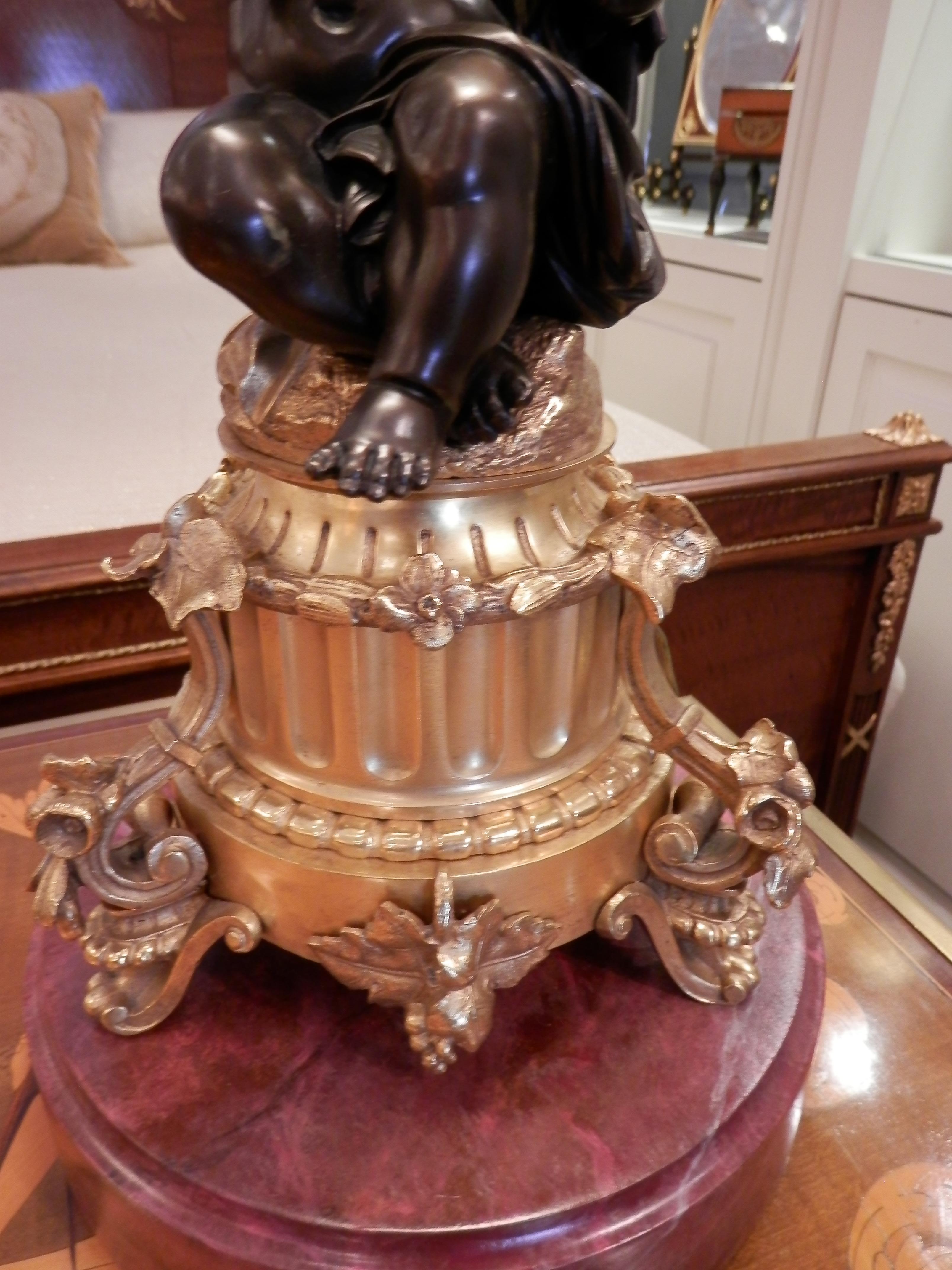 Pair of finely cast patinated and gilt bronze Louis Philippe cherub lamps. Custom silk pleated shades and faux marble custom bases.
