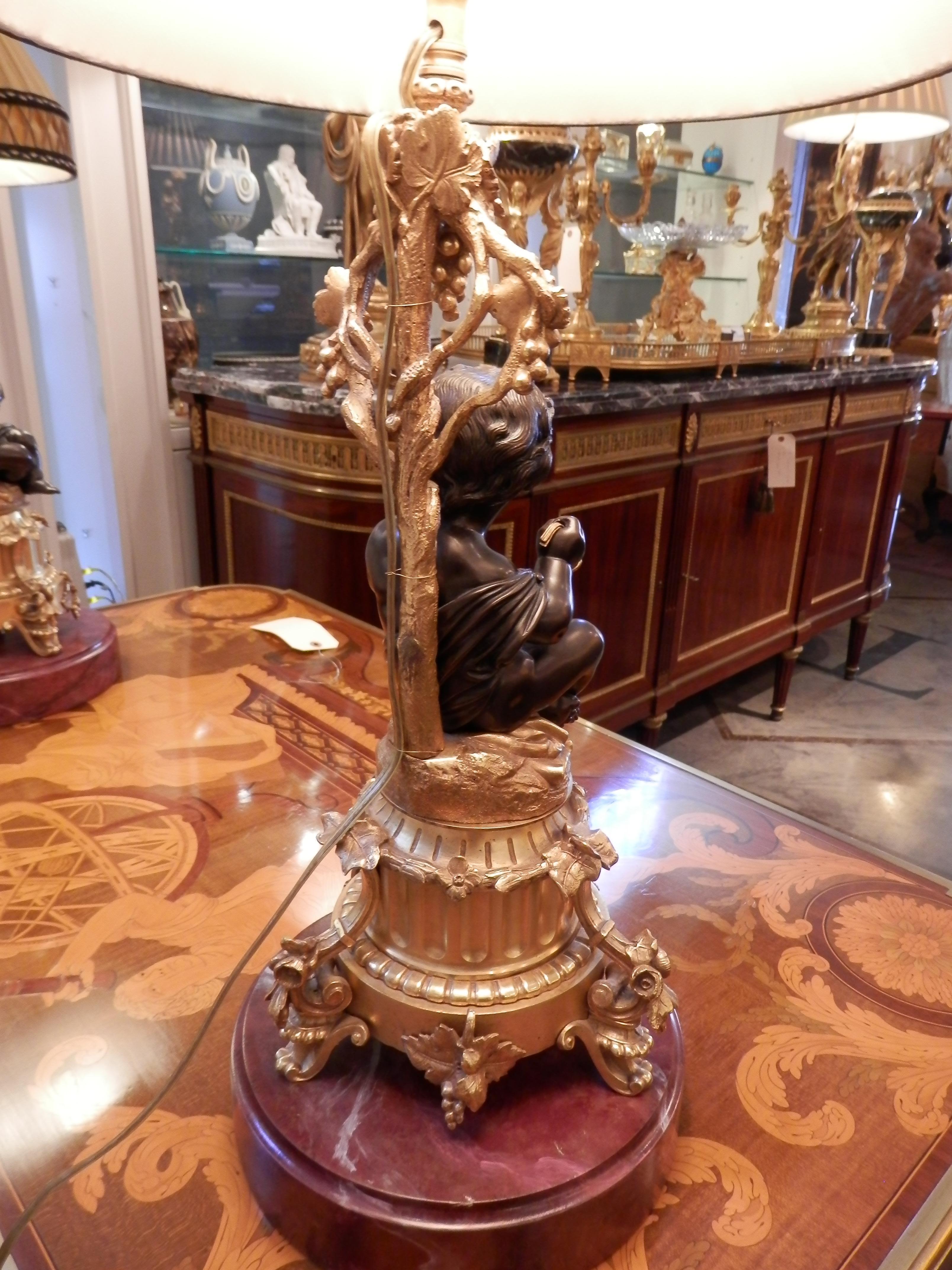 Pair of French 19th Century Patinated and Gilt Bronze Cherub Lamps In Excellent Condition In Dallas, TX