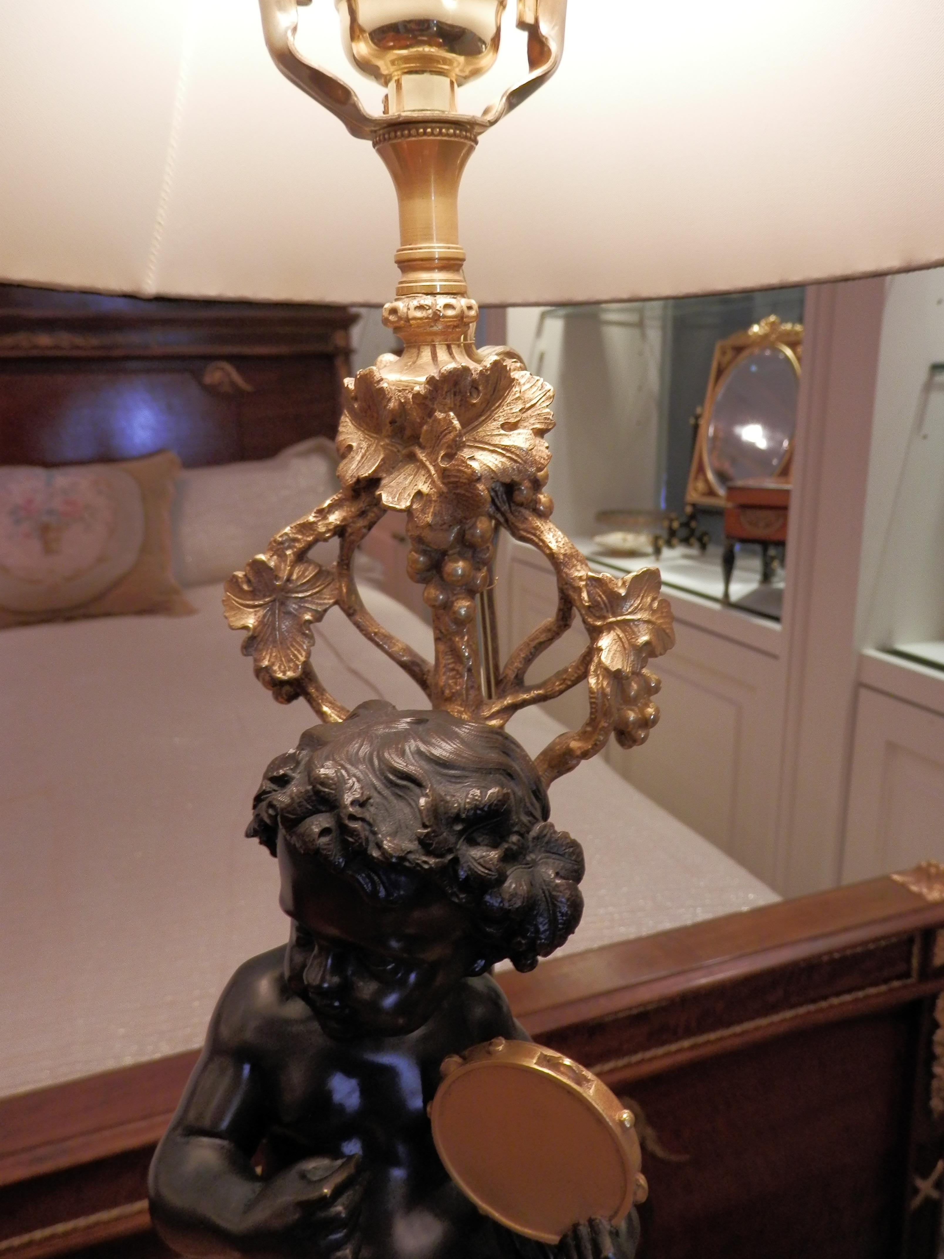 Pair of French 19th Century Patinated and Gilt Bronze Cherub Lamps 1