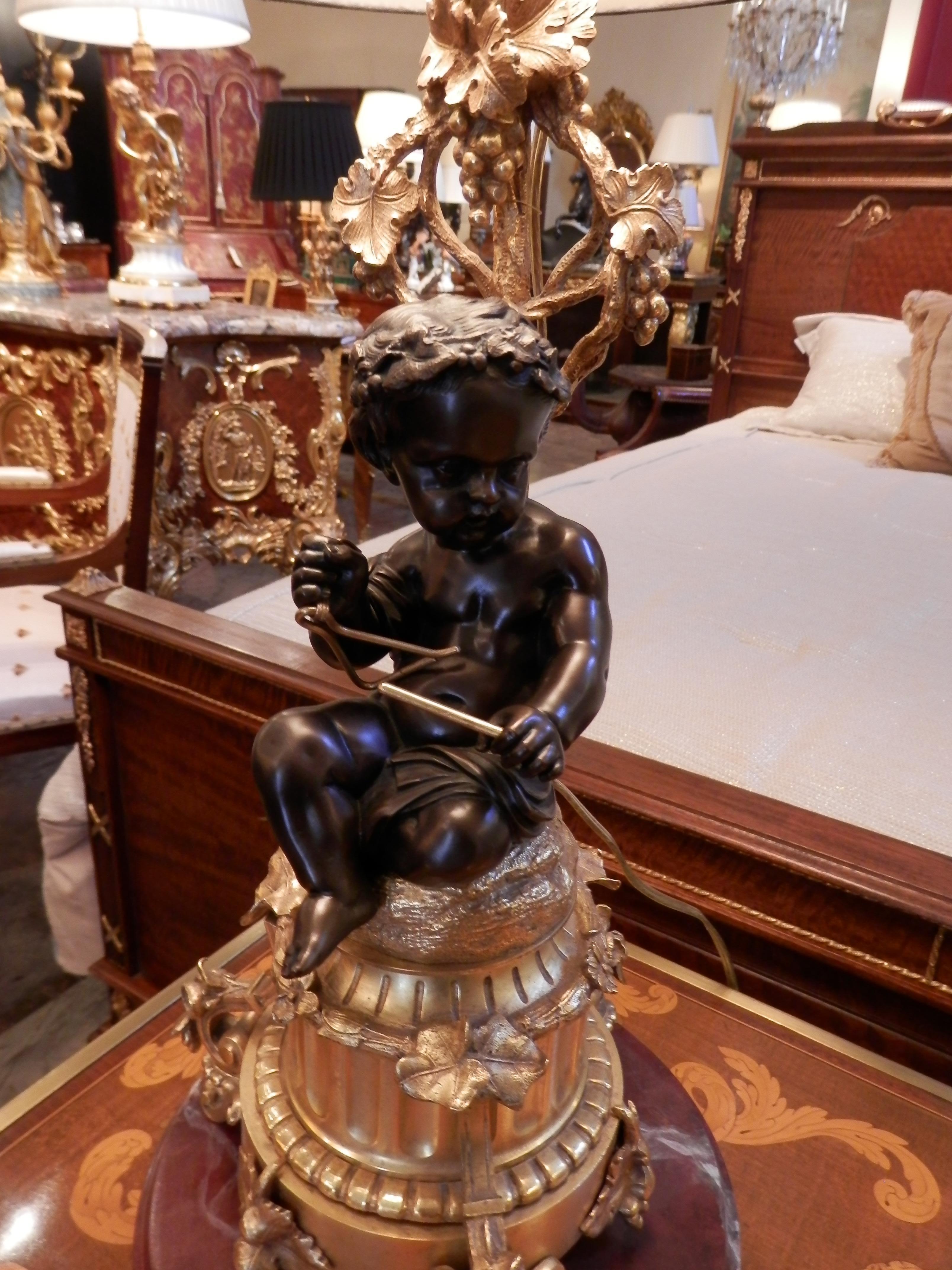 Pair of French 19th Century Patinated and Gilt Bronze Cherub Lamps 3