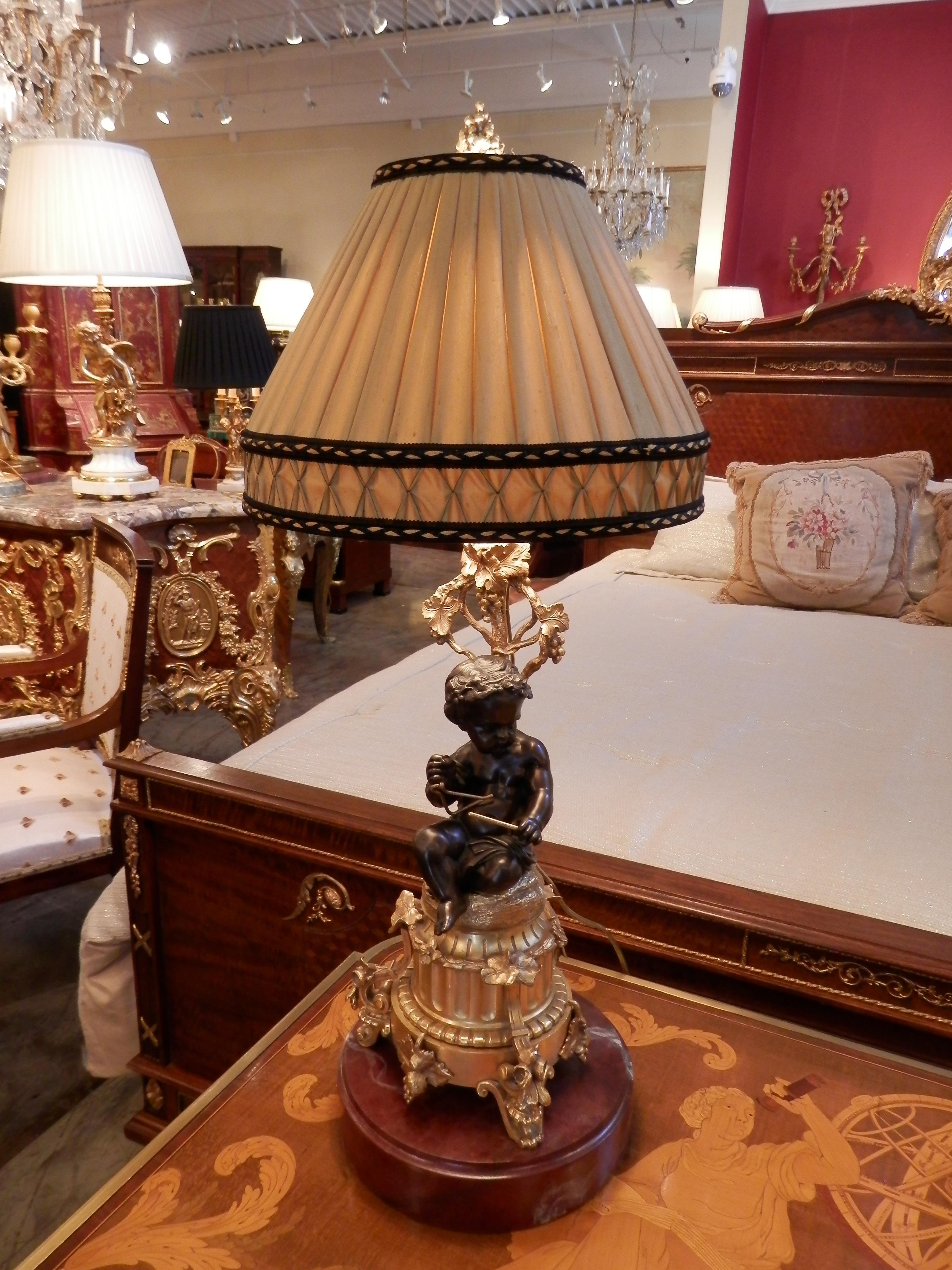 Pair of French 19th Century Patinated and Gilt Bronze Cherub Lamps 4
