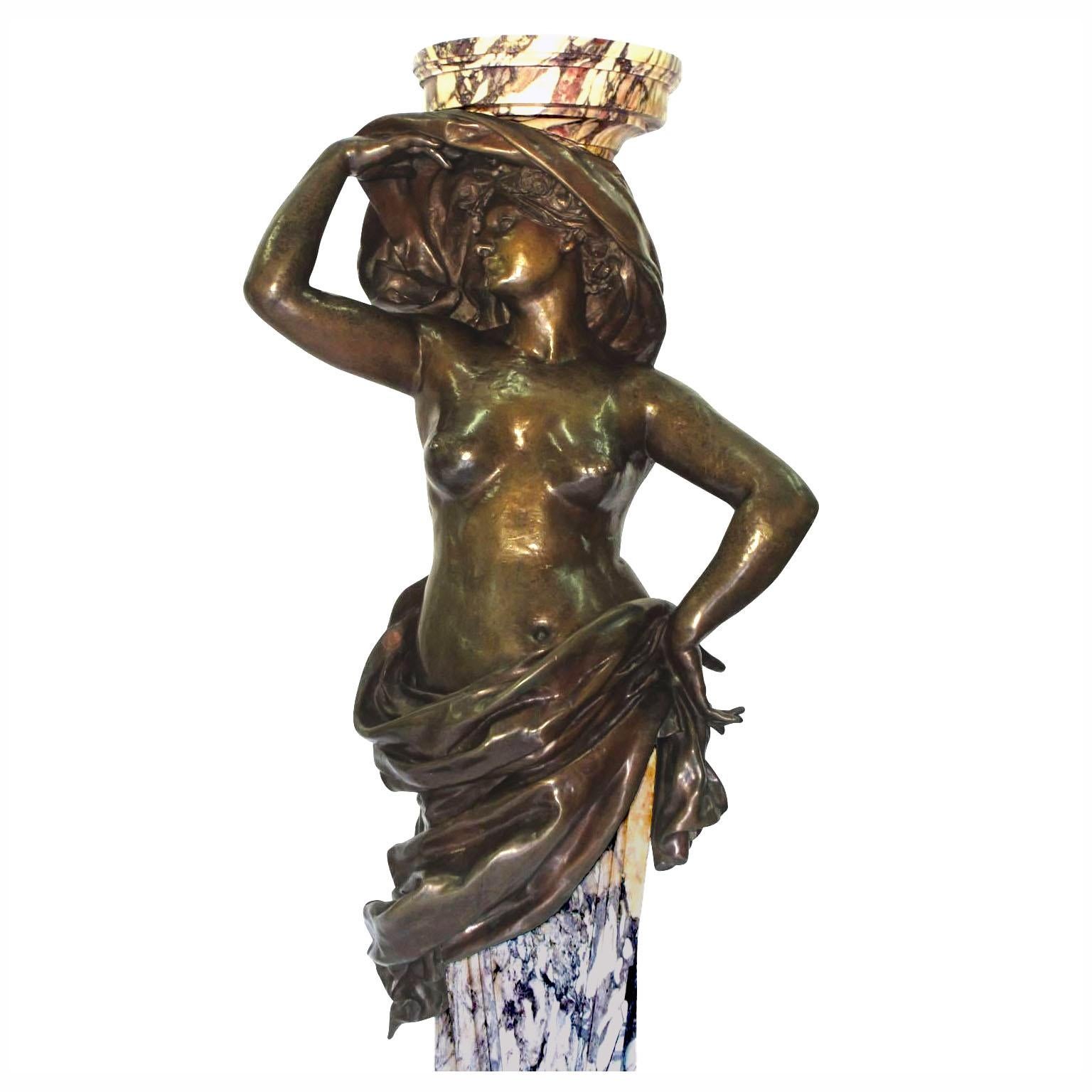 Beaux Arts A Pair French 19th Century Bronze Nude Maidens Torchere, Carrier-Belleuse Attr.  For Sale