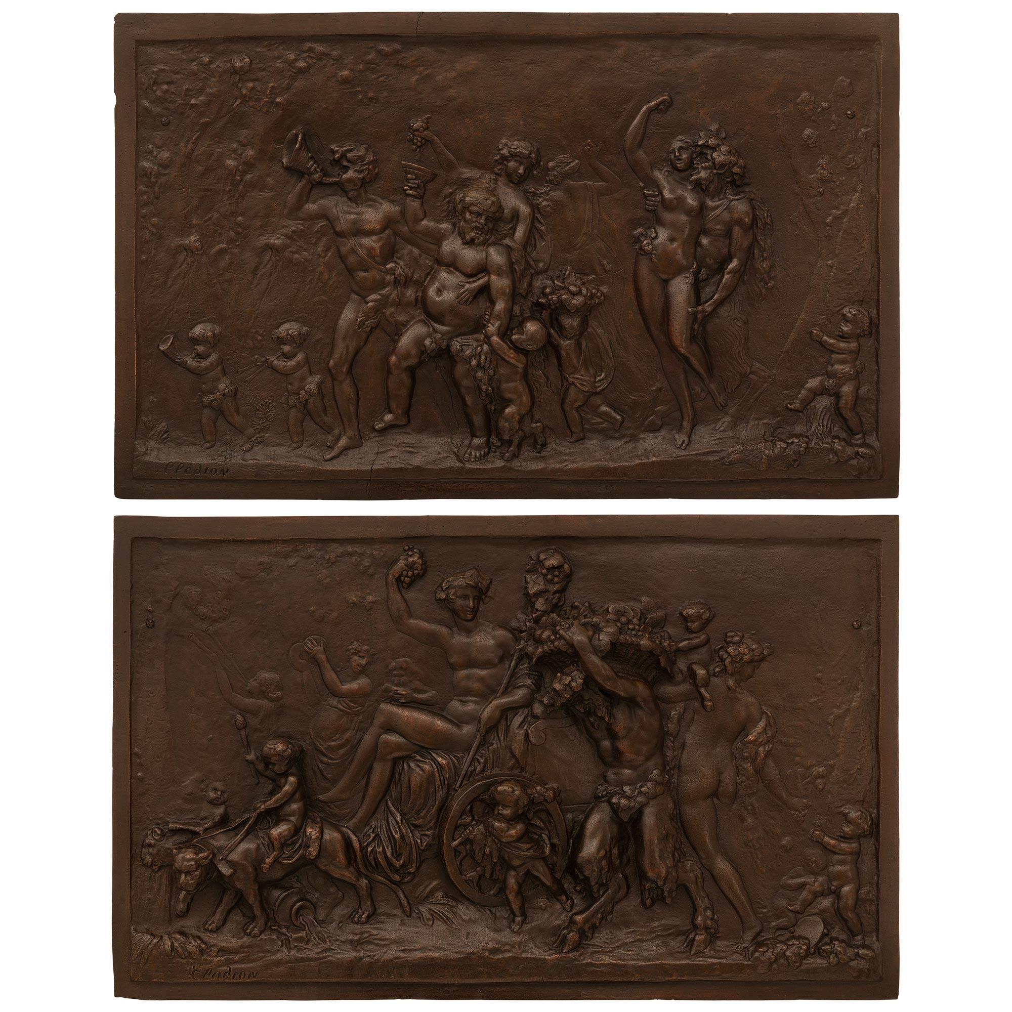 Pair Of French 19th Century Patinated Bronze Plaques, After A Model By Clodion For Sale 6