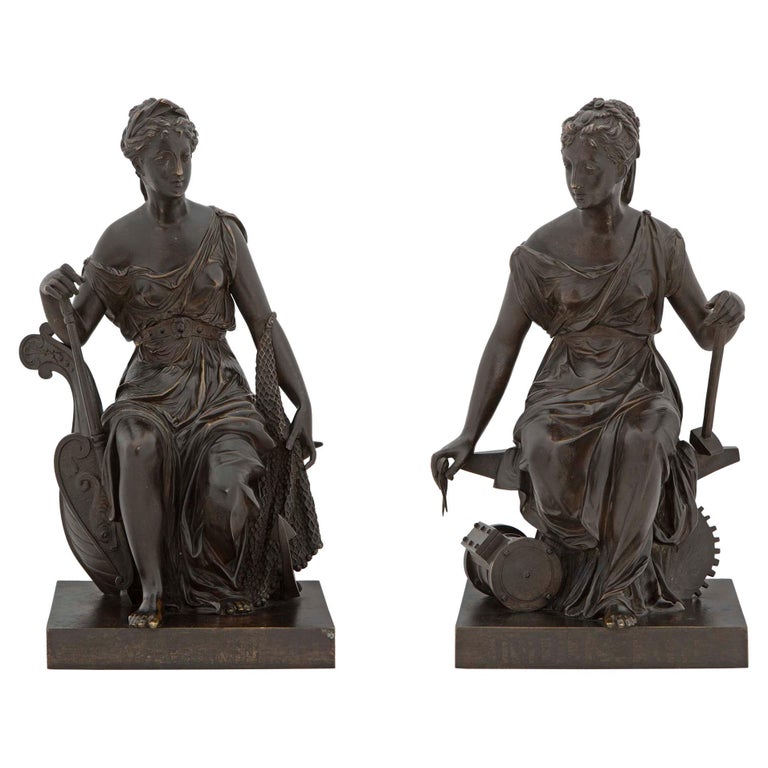 Pair of French 19th Century Patinated Bronze Statues For Sale