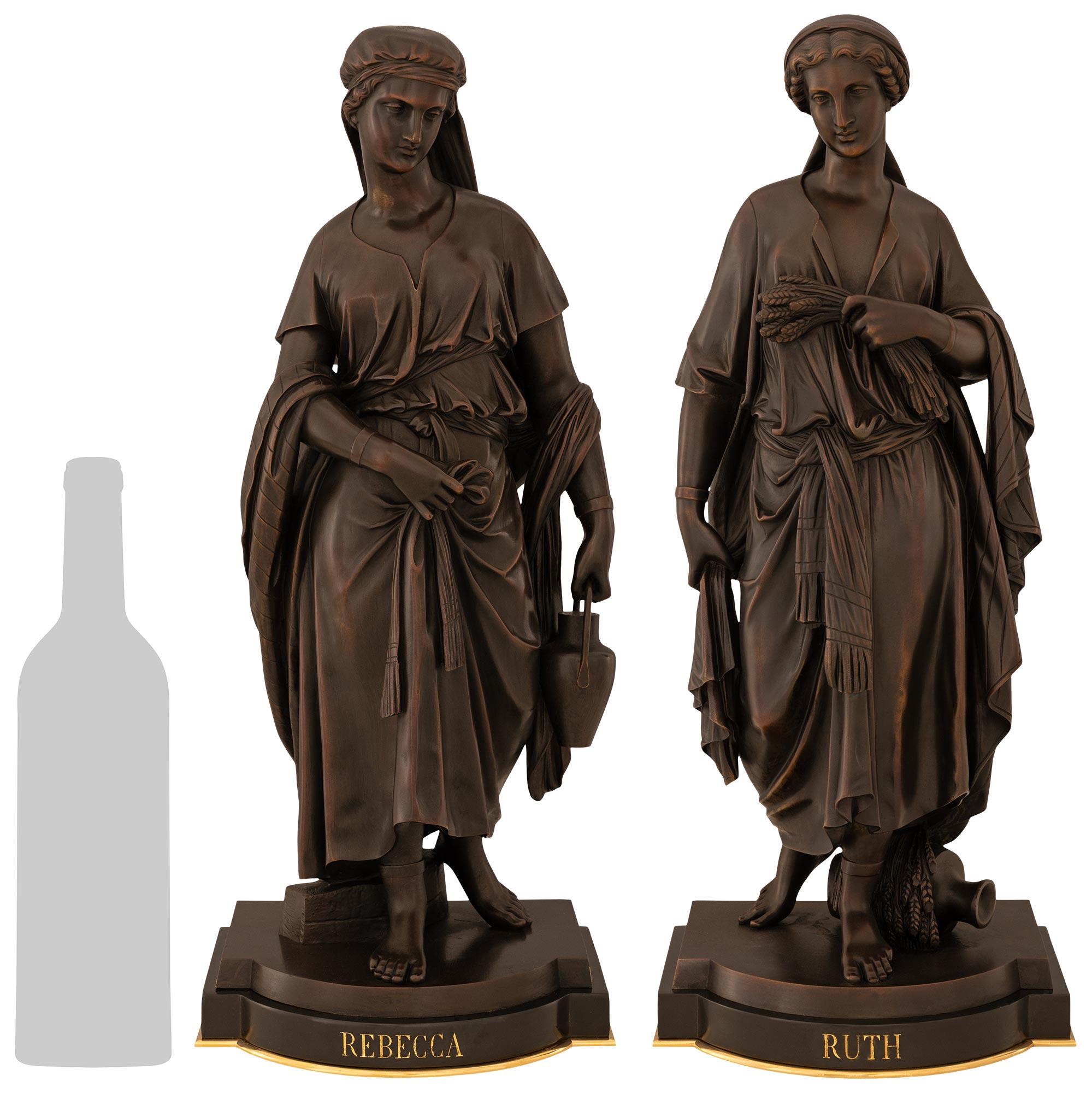 Pair of French 19th century patinated Bronze statues of Rebecca and Ruth In Good Condition For Sale In West Palm Beach, FL