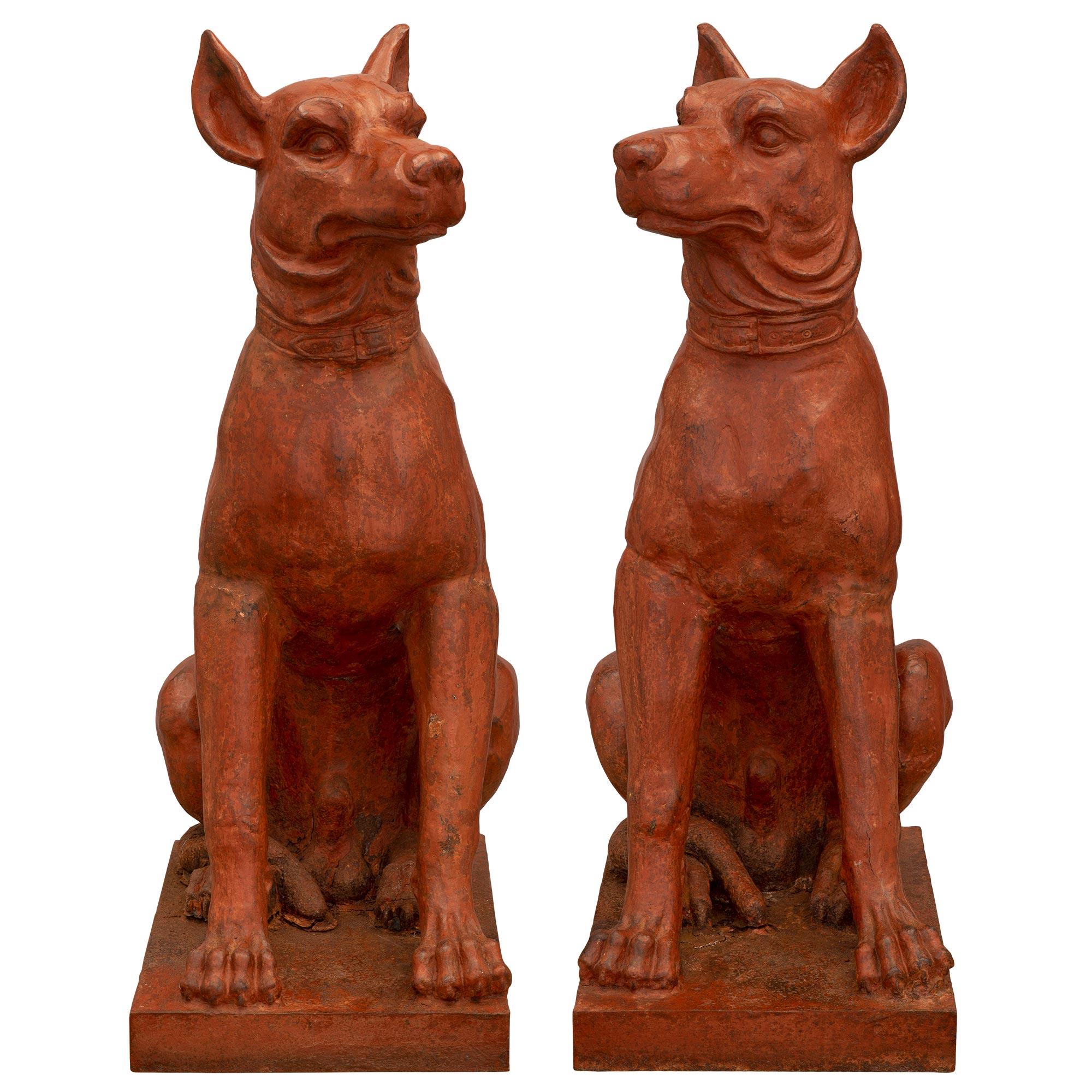 Pair of French 19th Century Patinated Cast Iron Dogs For Sale