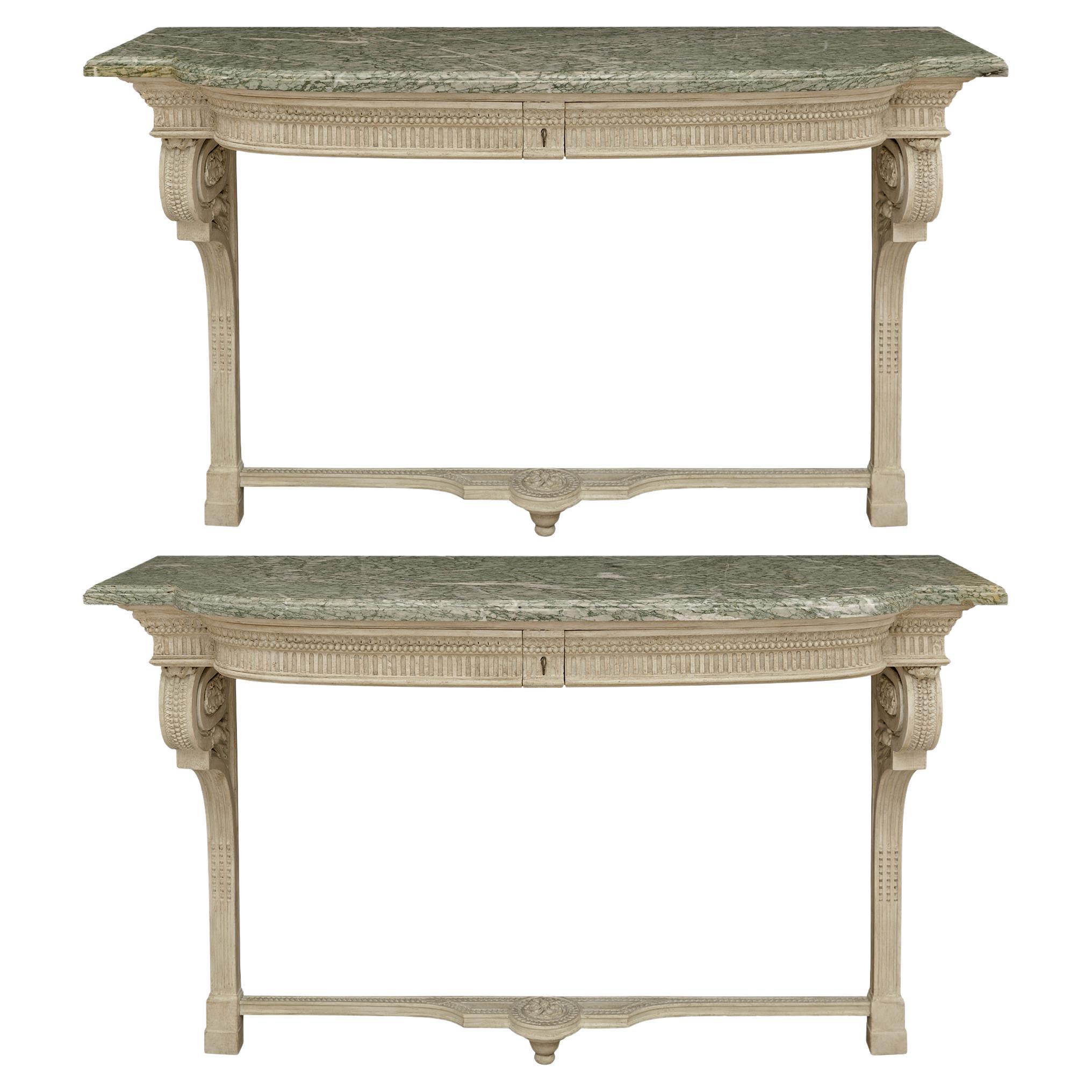 pair of French 19th century patinated Wood and Vert Campan marble consoles