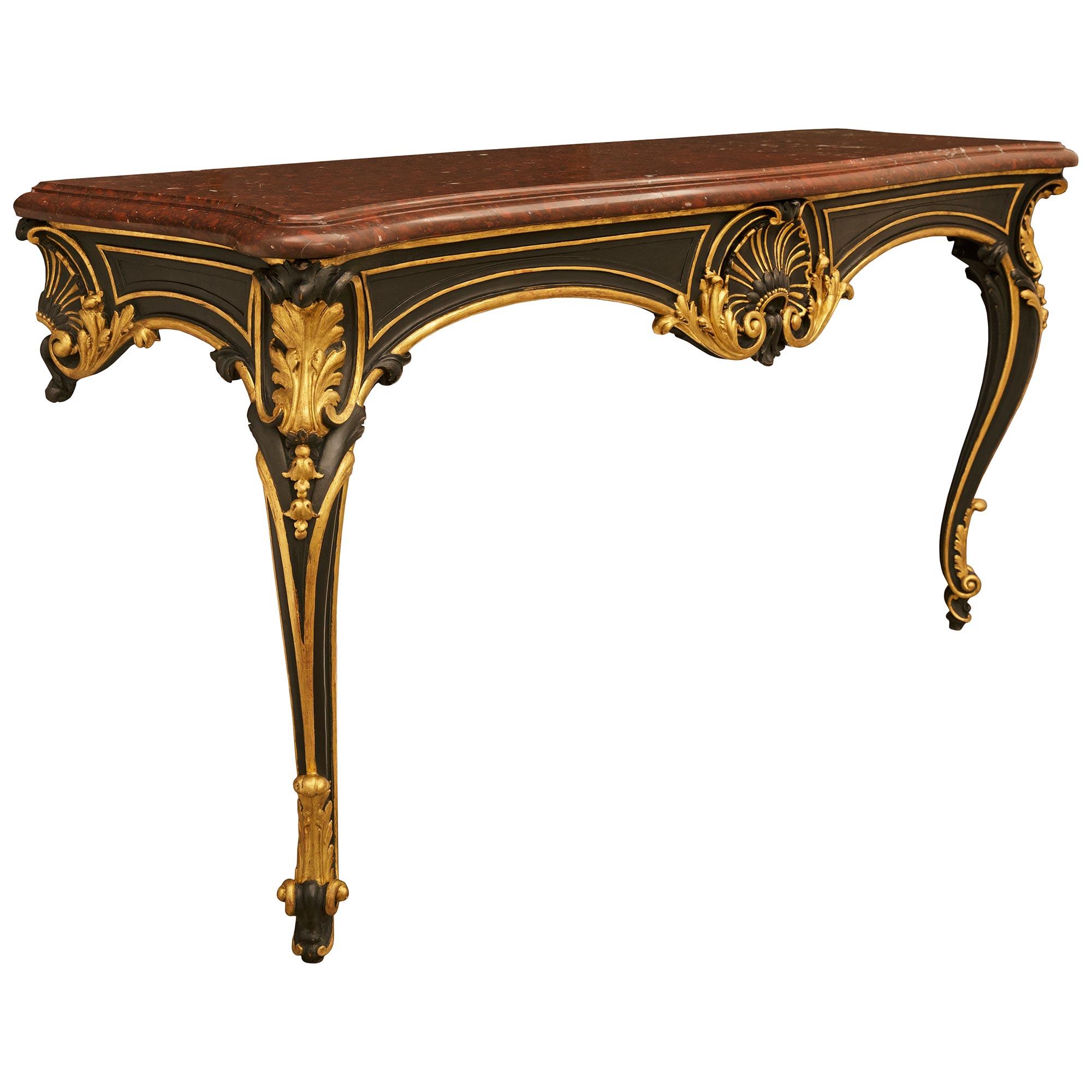 Paar französische Konsolen aus patiniertem Holz, Marmor und Giltwood aus dem 19. (Louis XV.) im Angebot