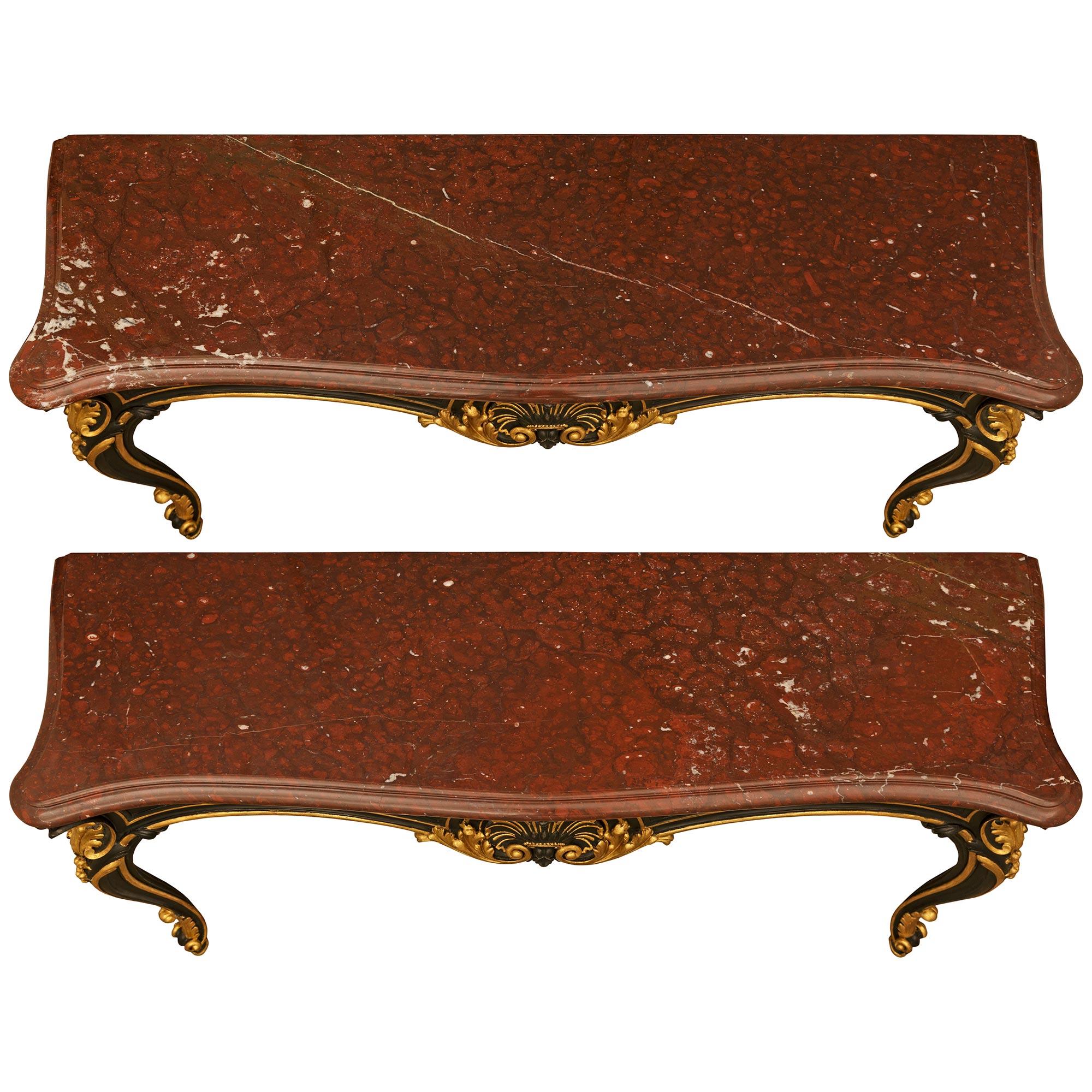 Paar französische Konsolen aus patiniertem Holz, Marmor und Giltwood aus dem 19. im Angebot 3