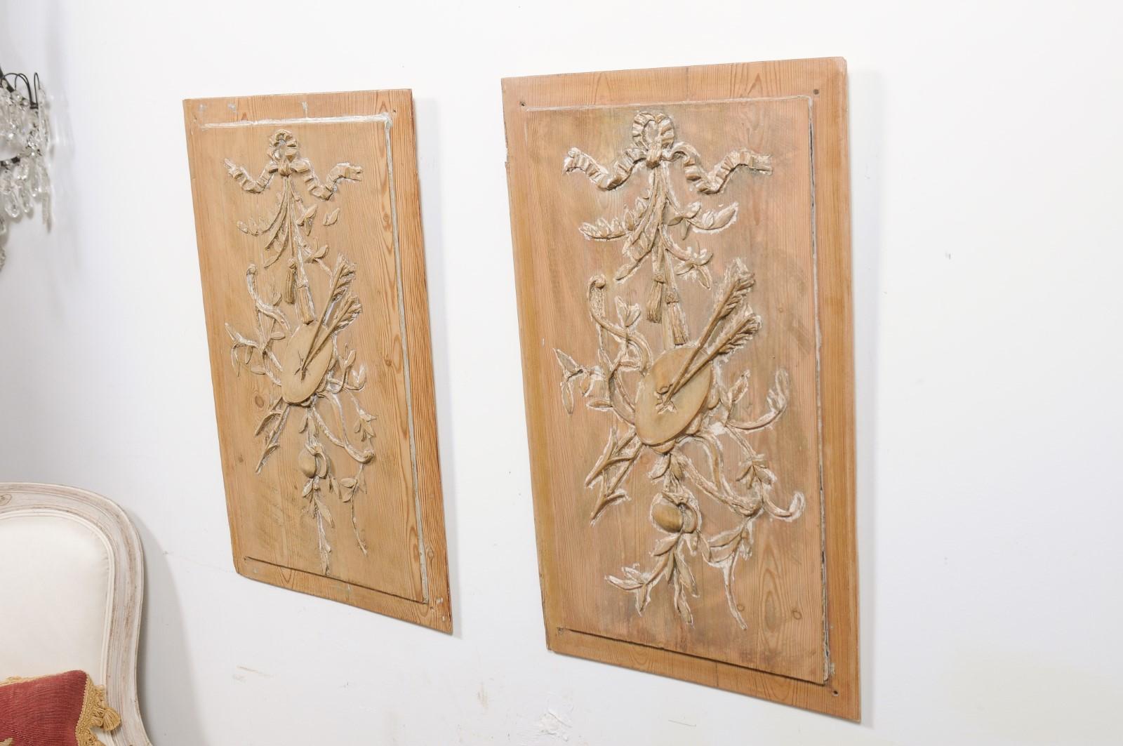 Pair of French 19th Century Pine Architectural Panels with Hand-Carved Motifs 1
