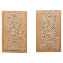 Pair of French 19th Century Pine Architectural Panels with Hand-Carved Motifs
