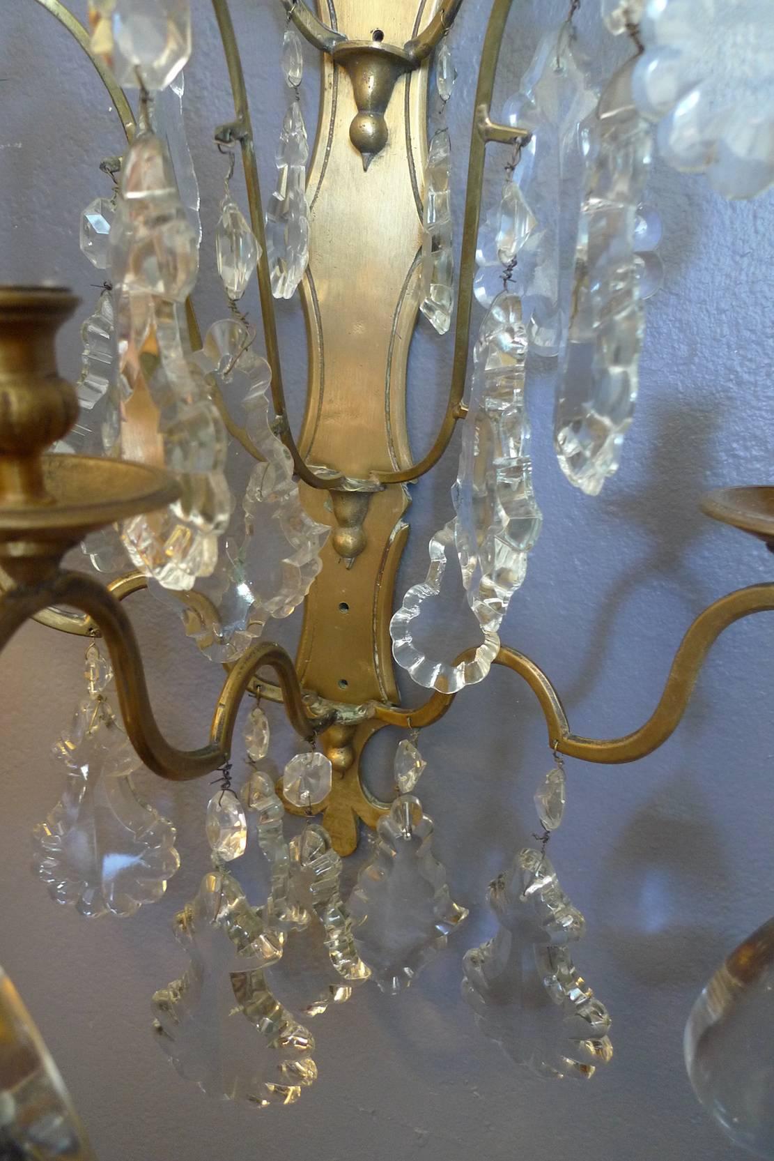 Pair of French 19th Century Polished Bronze and Crystal Sconces In Good Condition In Santa Monica, CA