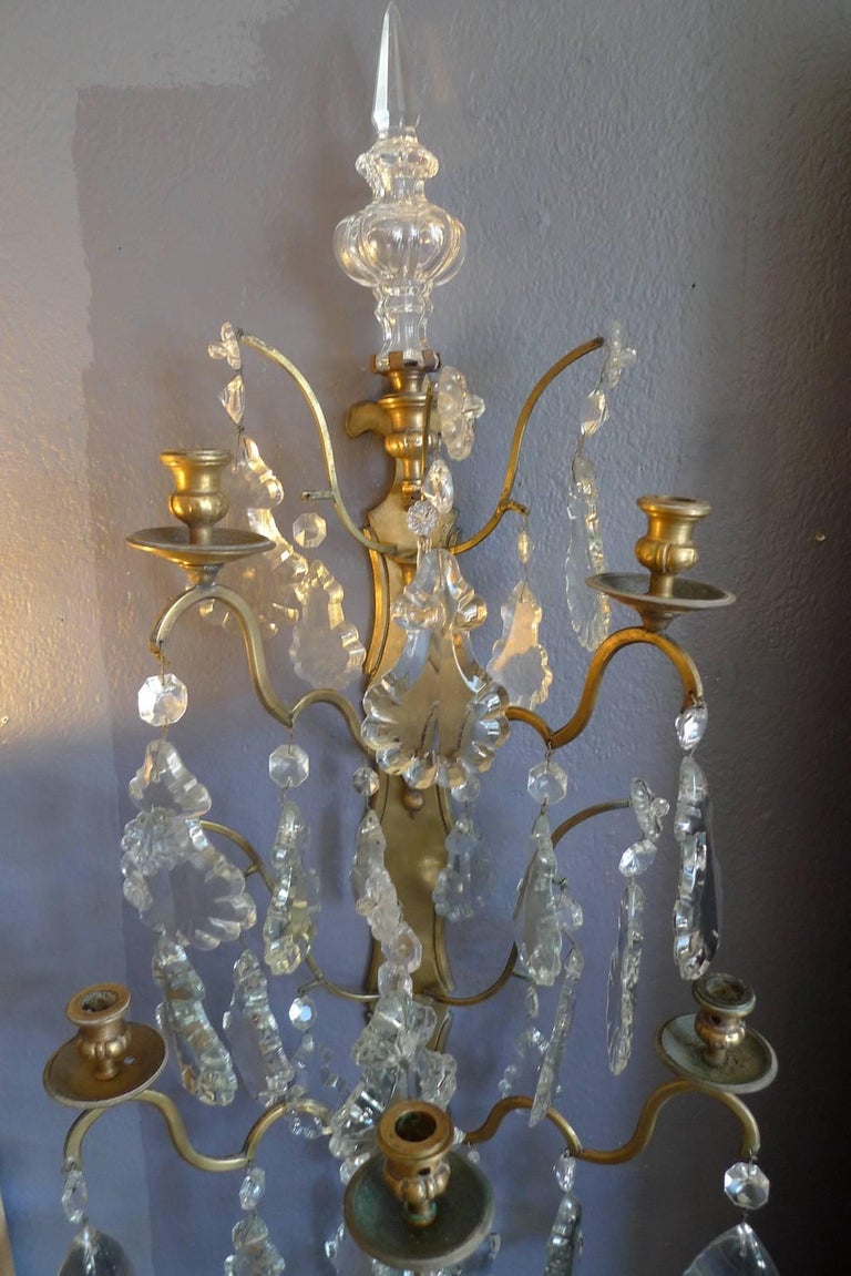 Pair of French 19th Century Polished Bronze and Crystal Sconces For Sale 2
