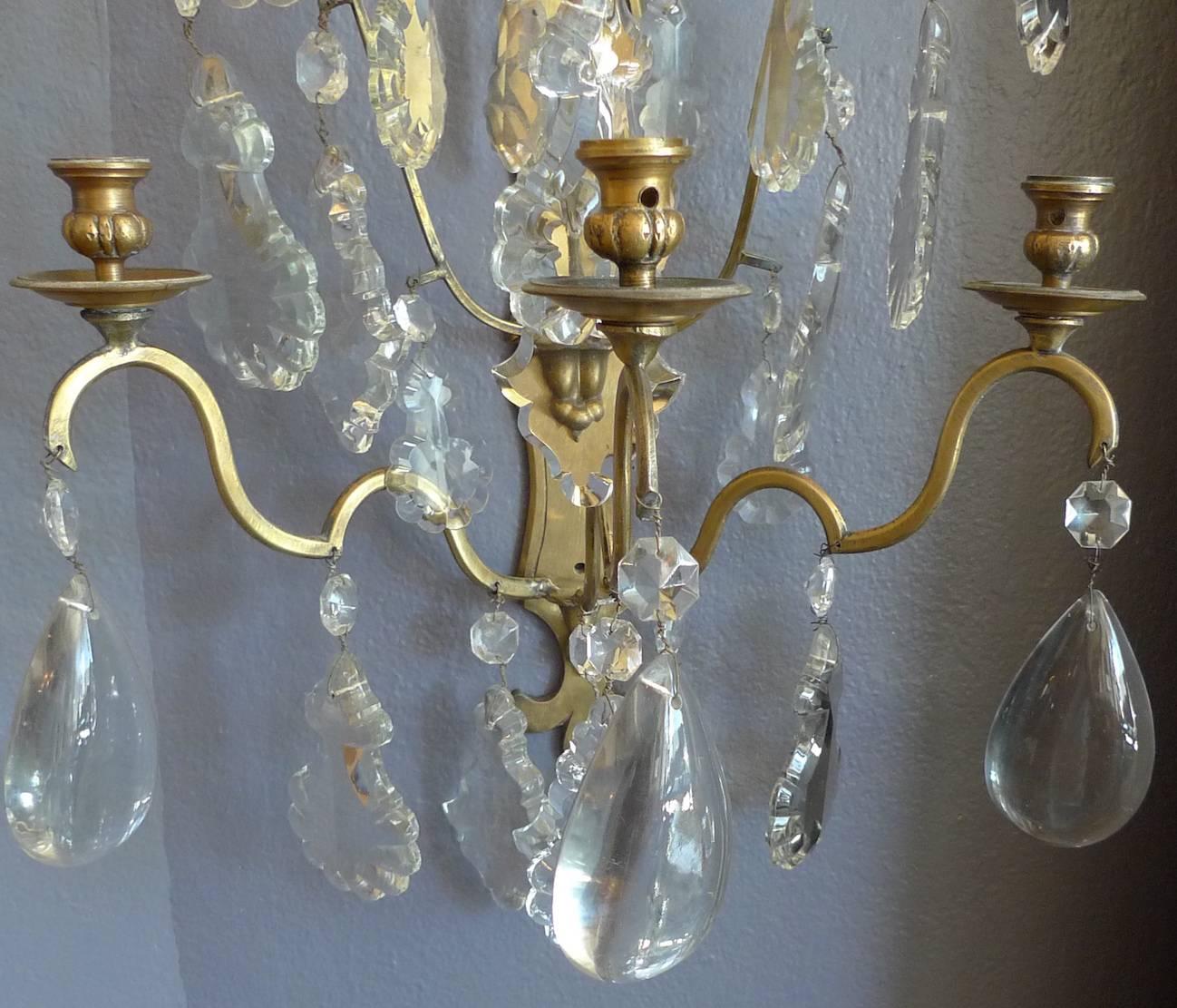 Pair of French 19th Century Polished Bronze and Crystal Sconces 3