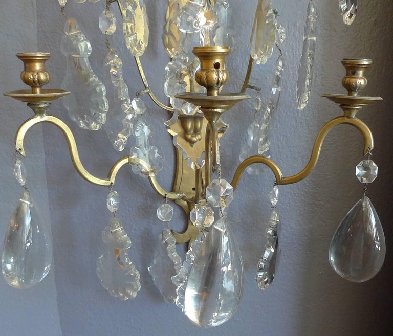Pair of French 19th Century Polished Bronze and Crystal Sconces For Sale 3